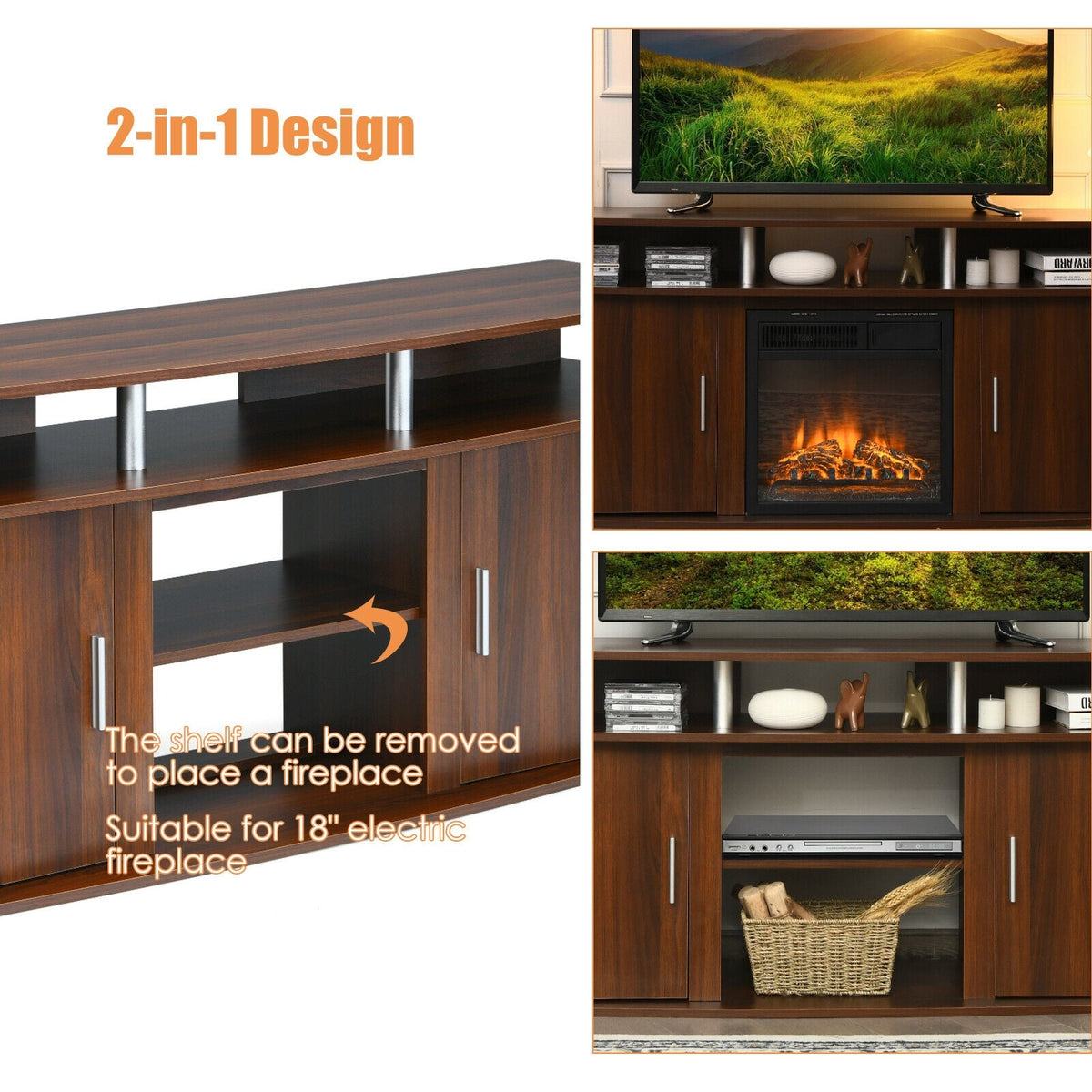 63 Inch TV Entertainment Console Center with 2 Cabinets-Walnut-Entertainment Centers & TV Stands-DECOROLALA