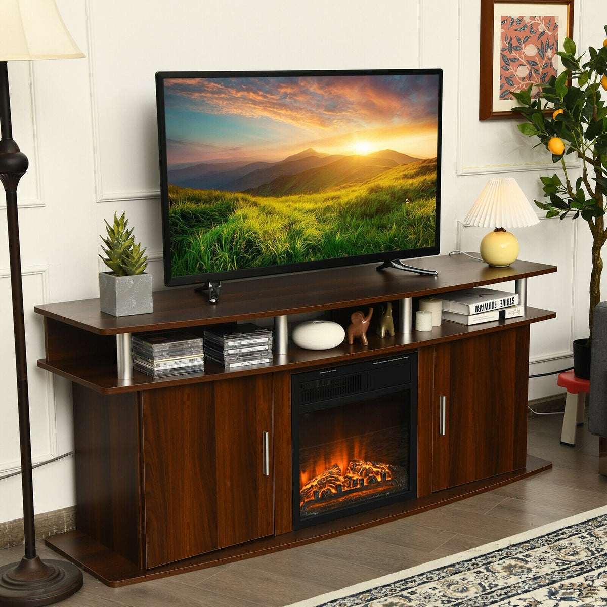 63 Inch TV Entertainment Console Center with 2 Cabinets-Walnut-Entertainment Centers & TV Stands-DECOROLALA