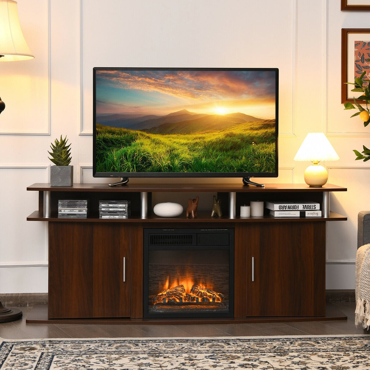63 Inch TV Entertainment Console Center with 2 Cabinets-Walnut-Entertainment Centers & TV Stands-DECOROLALA