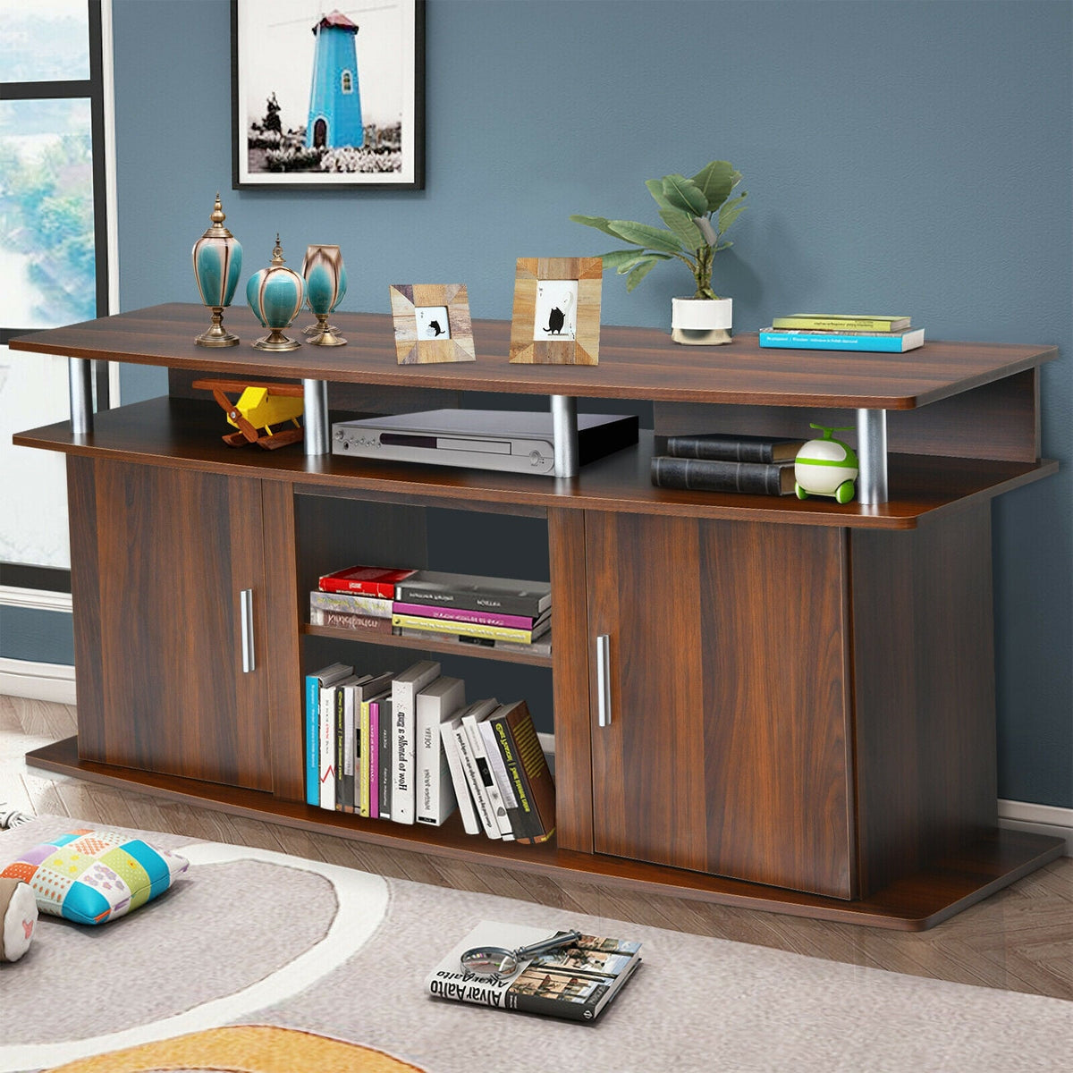 63 Inch TV Entertainment Console Center with 2 Cabinets-Walnut-Entertainment Centers & TV Stands-DECOROLALA