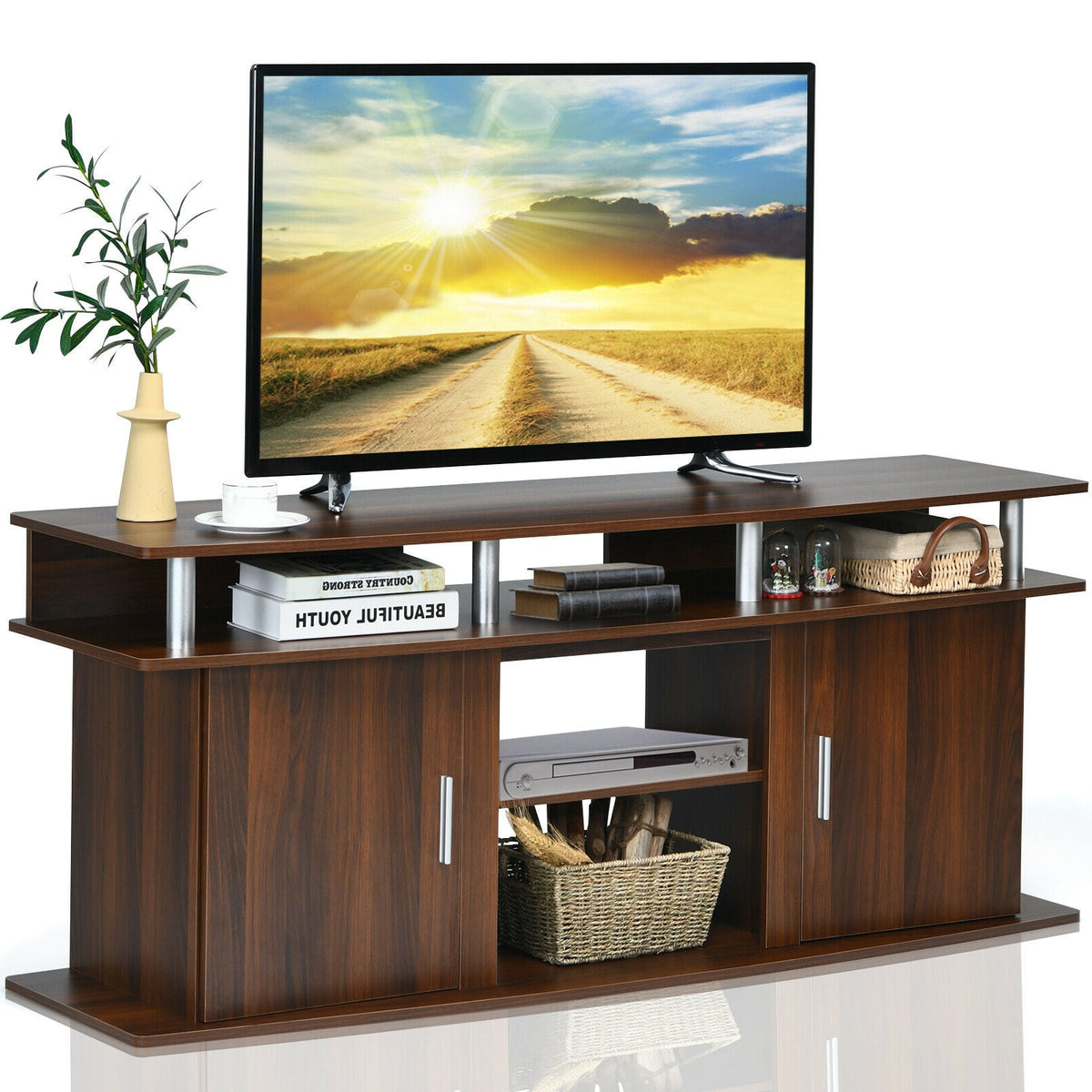 63 Inch TV Entertainment Console Center with 2 Cabinets-Walnut-Entertainment Centers & TV Stands-DECOROLALA