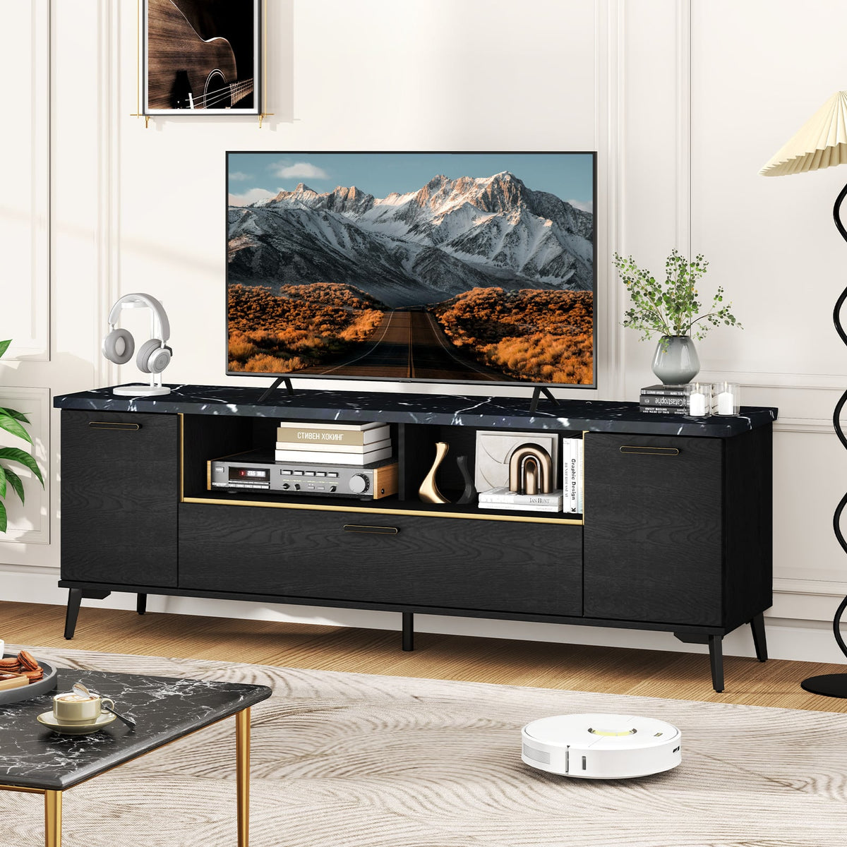 63 Inch TV Stand with Flip Door Cabinet for TVs up to 75 Inch-Black-Entertainment Centers & TV Stands-DECOROLALA