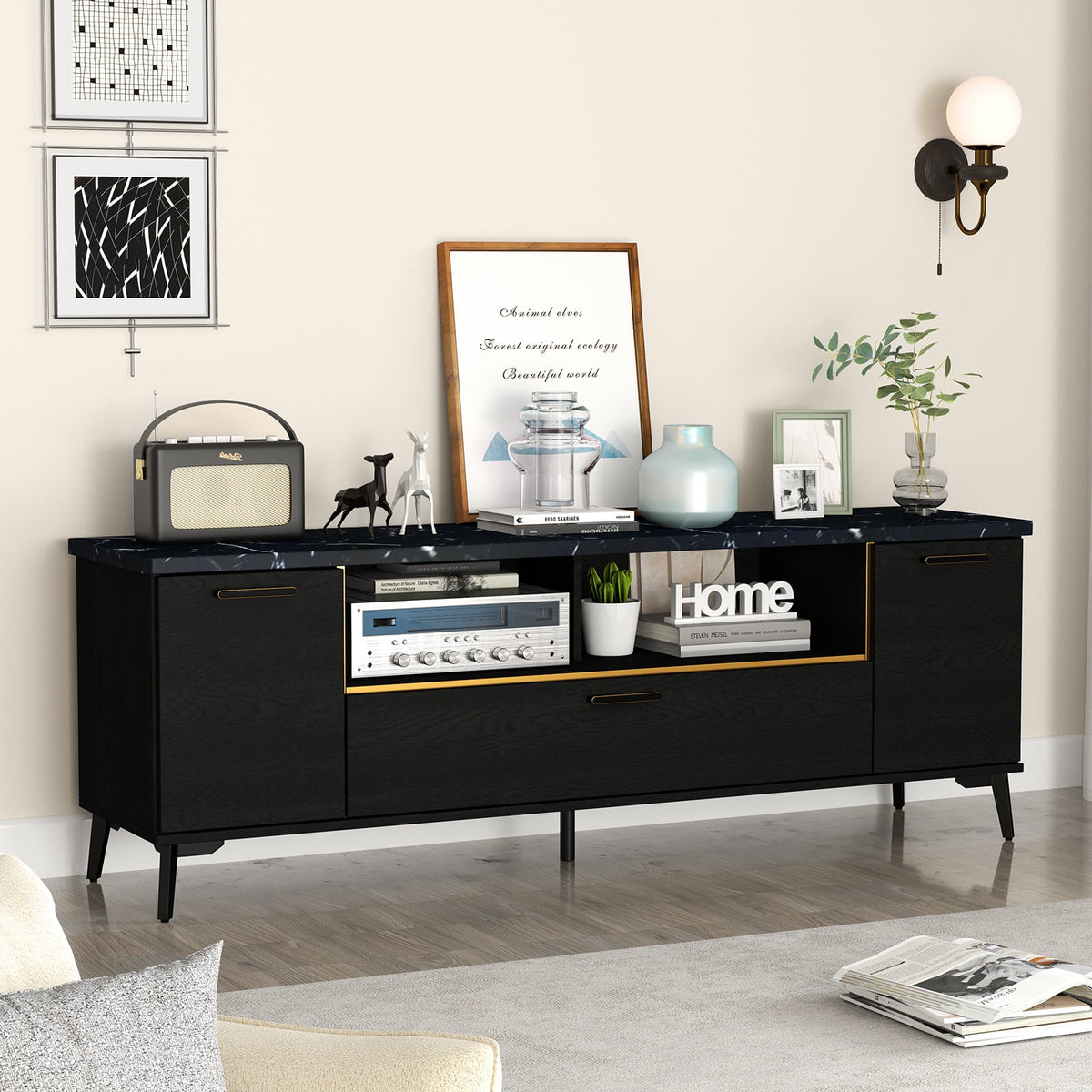 63 Inch TV Stand with Flip Door Cabinet for TVs up to 75 Inch-Black-Entertainment Centers & TV Stands-DECOROLALA