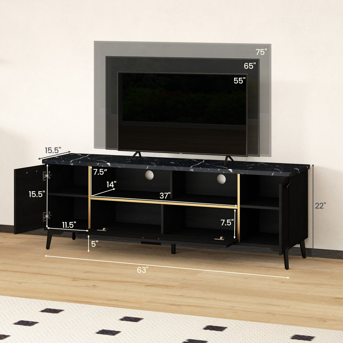 63 Inch TV Stand with Flip Door Cabinet for TVs up to 75 Inch-Black-Entertainment Centers & TV Stands-DECOROLALA