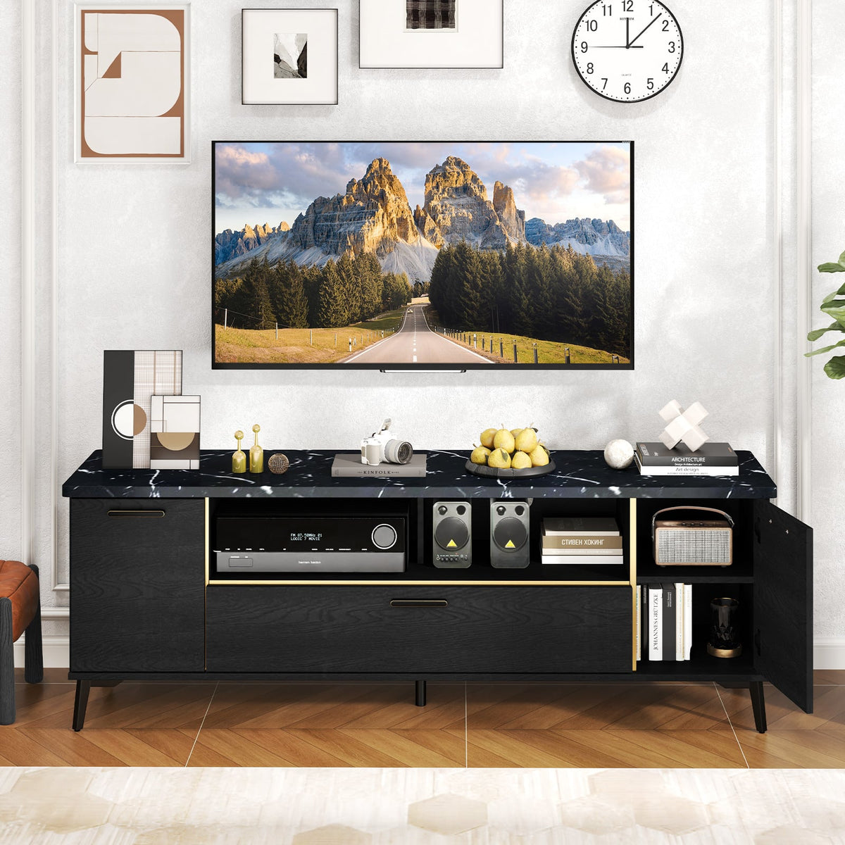 63 Inch TV Stand with Flip Door Cabinet for TVs up to 75 Inch-Black-Entertainment Centers & TV Stands-DECOROLALA
