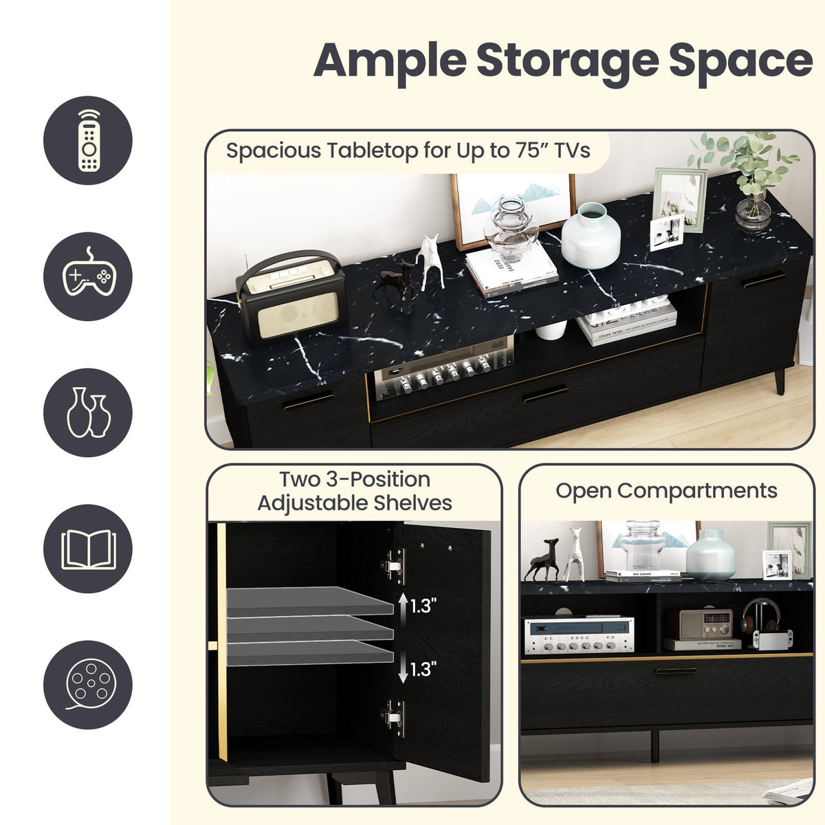 63 Inch TV Stand with Flip Door Cabinet for TVs up to 75 Inch-Black-Entertainment Centers & TV Stands-DECOROLALA