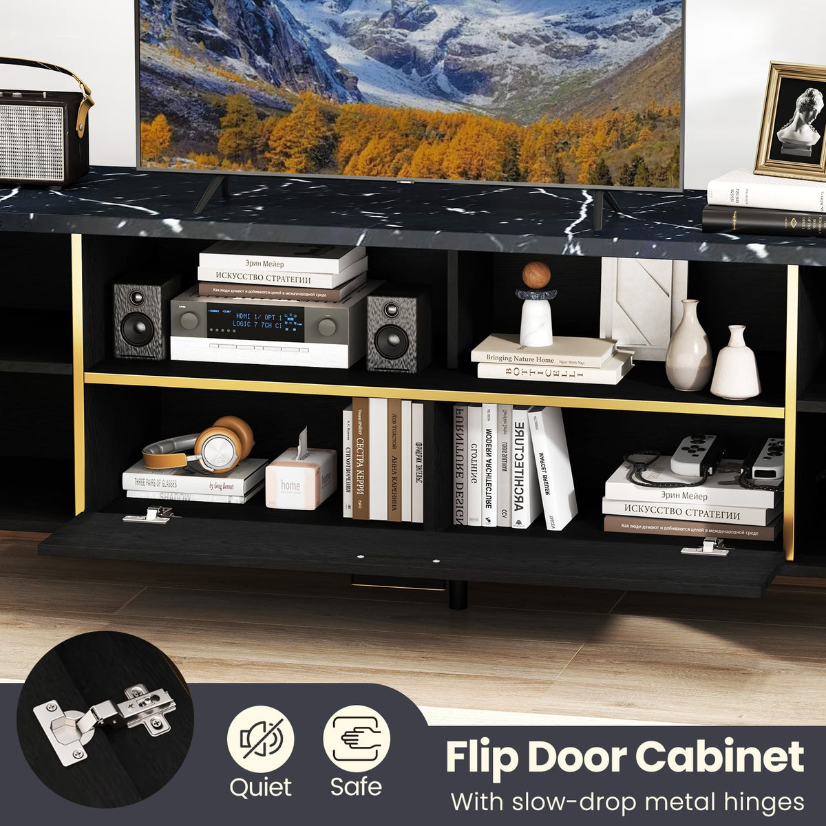 63 Inch TV Stand with Flip Door Cabinet for TVs up to 75 Inch-Black-Entertainment Centers & TV Stands-DECOROLALA
