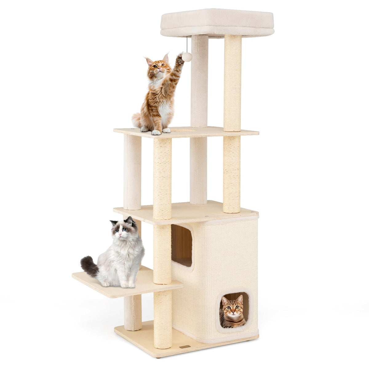63 Inch Tall Wooden Cat Tree with 2-Story Condo and Plush Padded Top Perch-Natural-Cat Trees & Scratchers-DECOROLALA