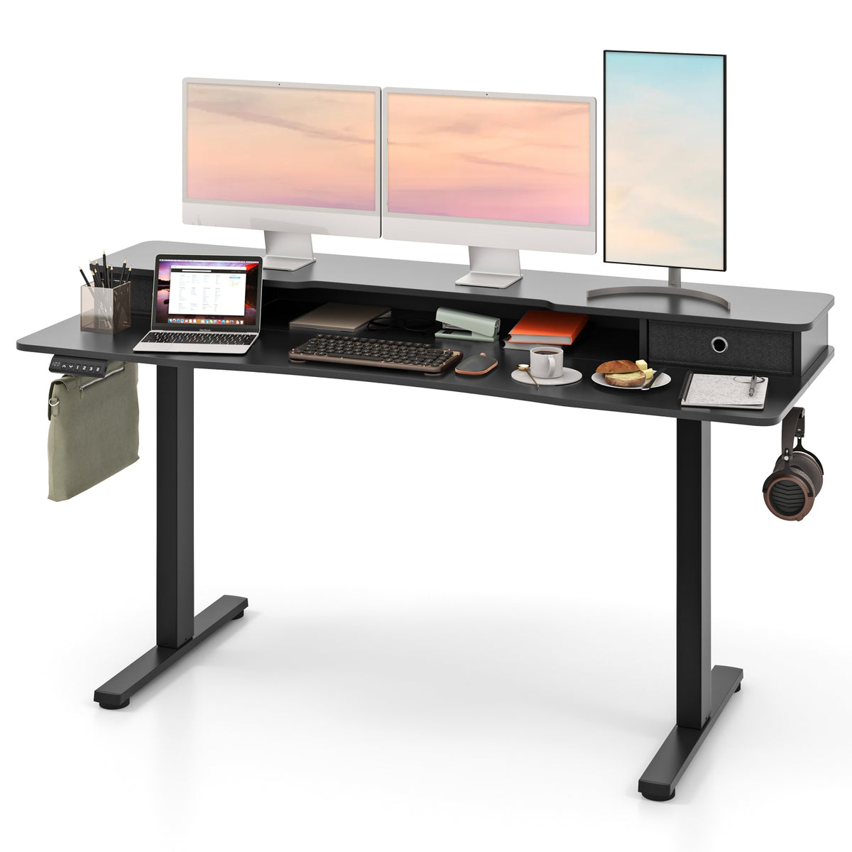 63 Inch x 24 Inch Electric Standing Desk with 2 Drawers-Black-Standing Desks-DECOROLALA