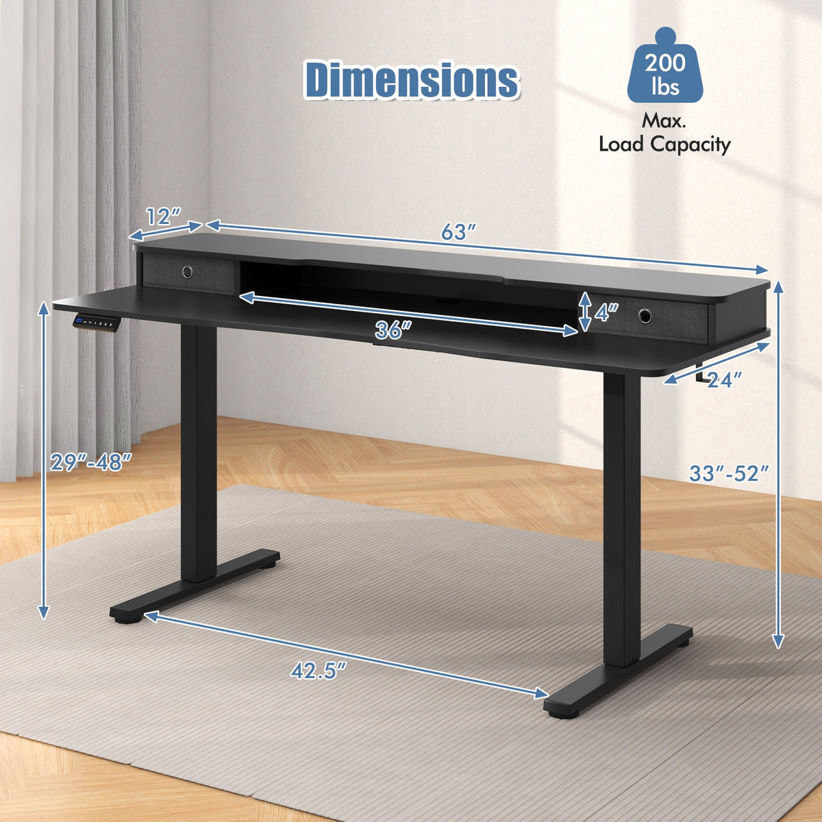 63 Inch x 24 Inch Electric Standing Desk with 2 Drawers-Black-Standing Desks-DECOROLALA