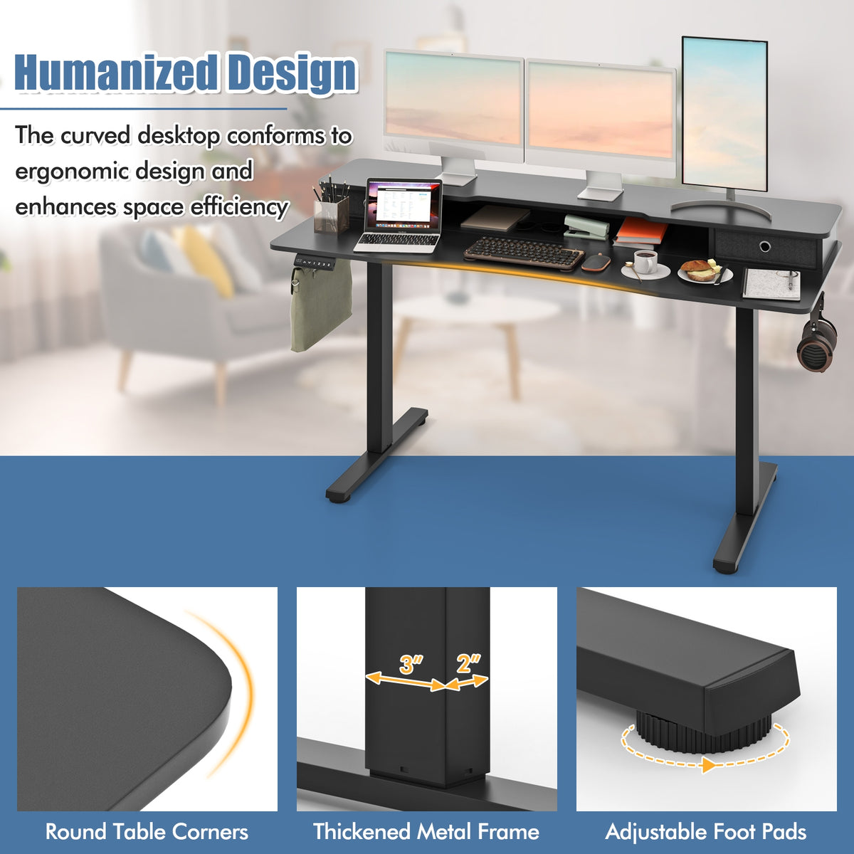63 Inch x 24 Inch Electric Standing Desk with 2 Drawers-Black-Standing Desks-DECOROLALA