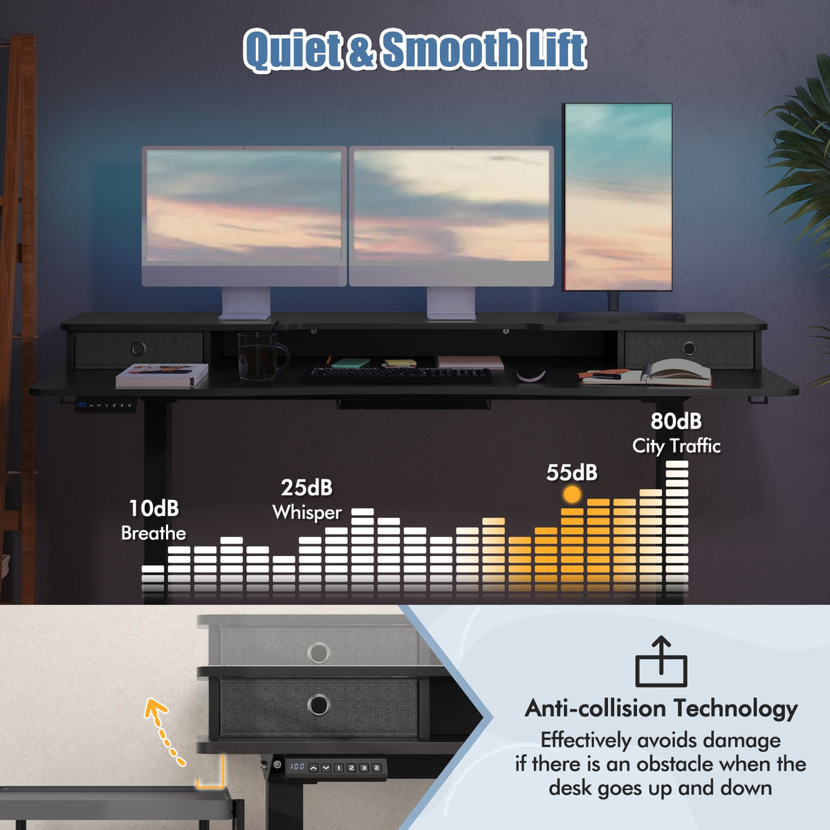 63 Inch x 24 Inch Electric Standing Desk with 2 Drawers-Black-Standing Desks-DECOROLALA