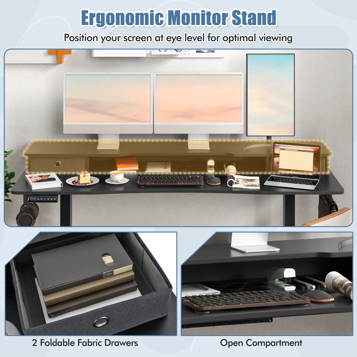63 Inch x 24 Inch Electric Standing Desk with 2 Drawers-Black-Standing Desks-DECOROLALA