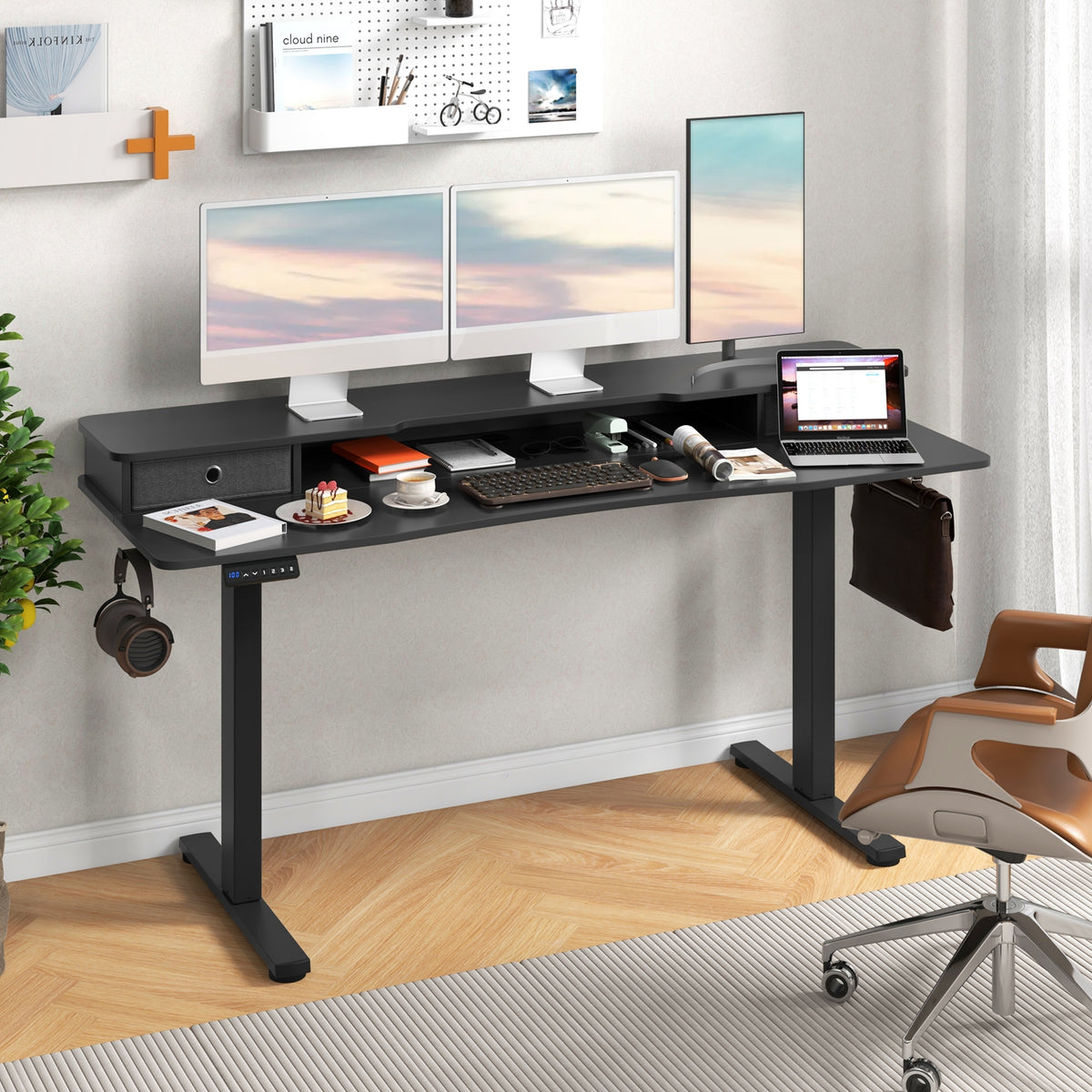 63 Inch x 24 Inch Electric Standing Desk with 2 Drawers-Black-Standing Desks-DECOROLALA