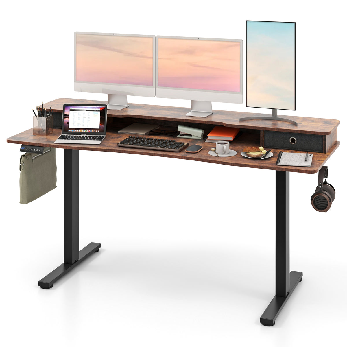 63 Inch x 24 Inch Electric Standing Desk with 2 Drawers-Rustic Brown-Standing Desks-DECOROLALA