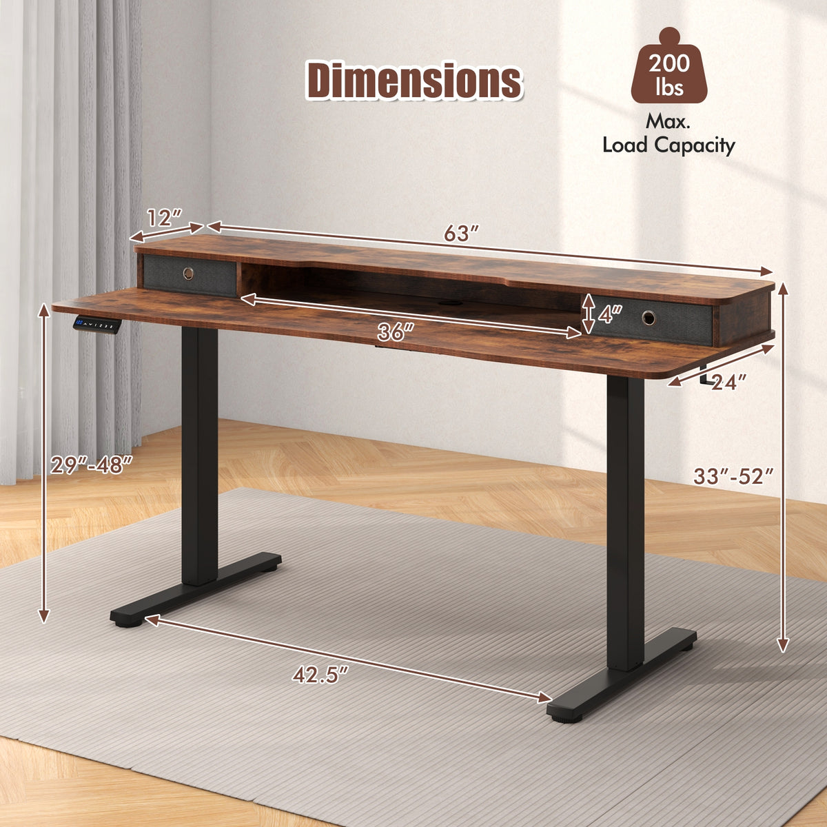 63 Inch x 24 Inch Electric Standing Desk with 2 Drawers-Rustic Brown-Standing Desks-DECOROLALA