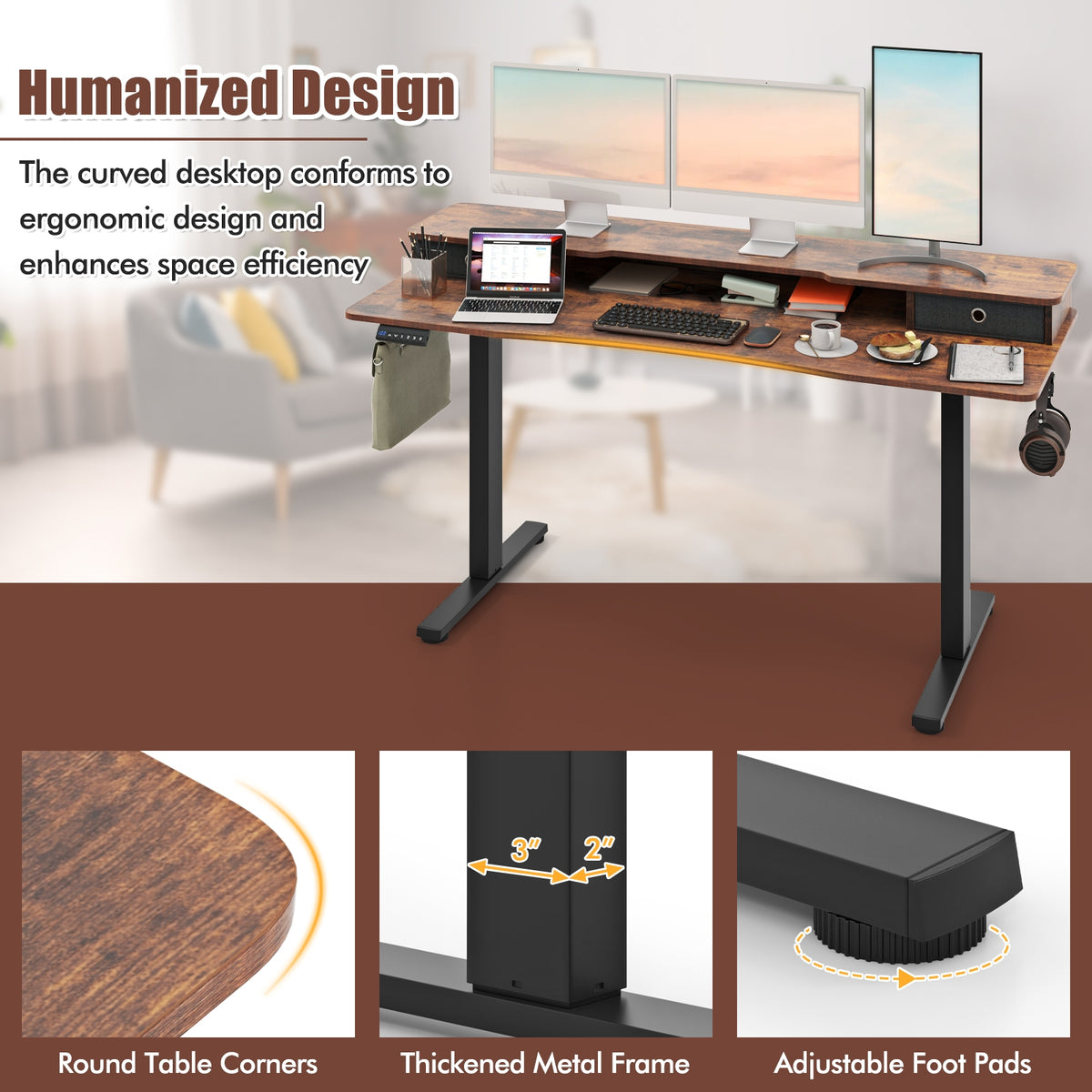 63 Inch x 24 Inch Electric Standing Desk with 2 Drawers-Rustic Brown-Standing Desks-DECOROLALA