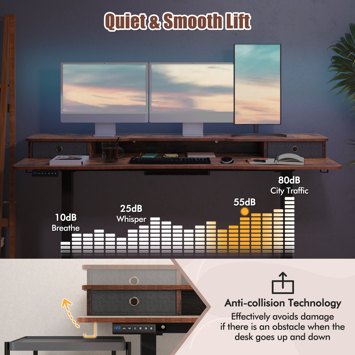 63 Inch x 24 Inch Electric Standing Desk with 2 Drawers-Rustic Brown-Standing Desks-DECOROLALA