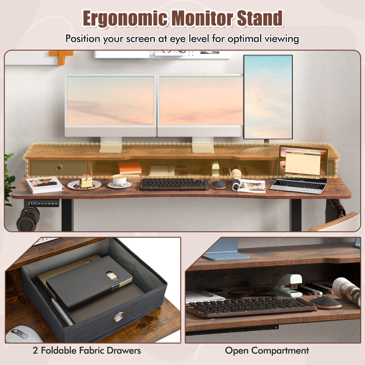 63 Inch x 24 Inch Electric Standing Desk with 2 Drawers-Rustic Brown-Standing Desks-DECOROLALA