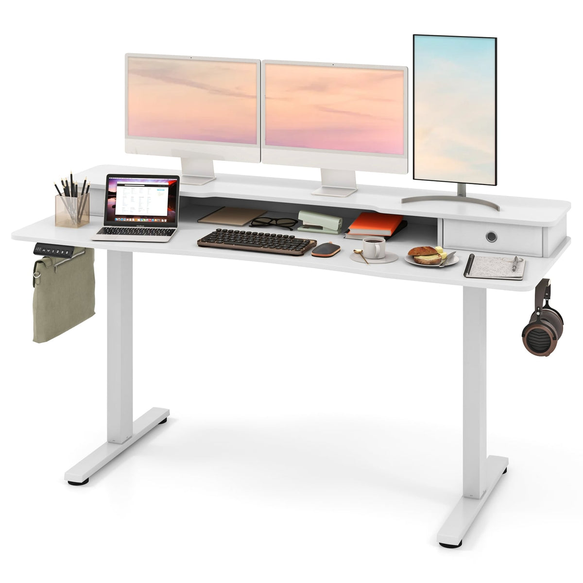 63 Inch x 24 Inch Electric Standing Desk with 2 Drawers-White-Standing Desks-DECOROLALA