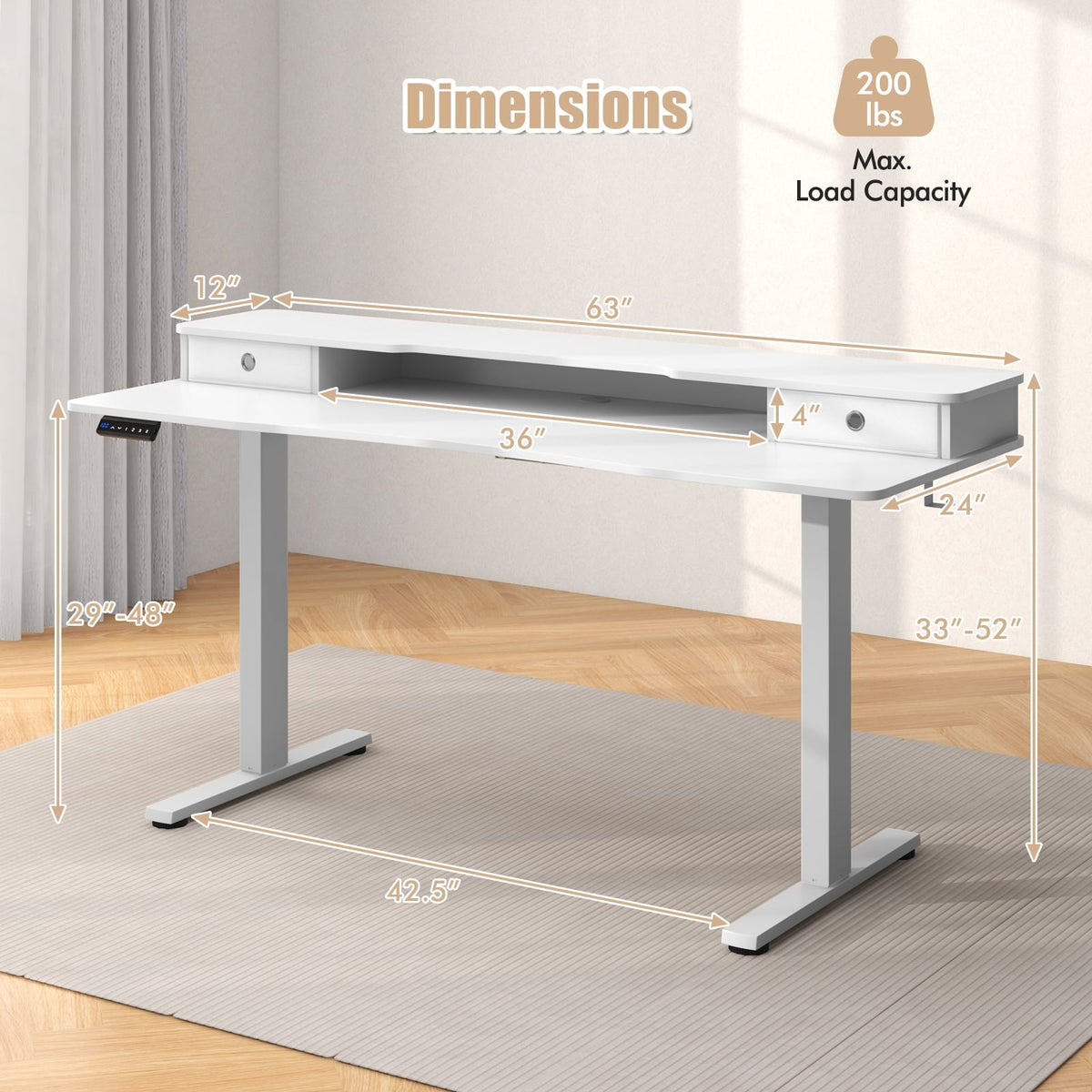 63 Inch x 24 Inch Electric Standing Desk with 2 Drawers-White-Standing Desks-DECOROLALA