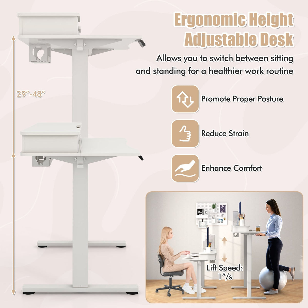 63 Inch x 24 Inch Electric Standing Desk with 2 Drawers-White-Standing Desks-DECOROLALA
