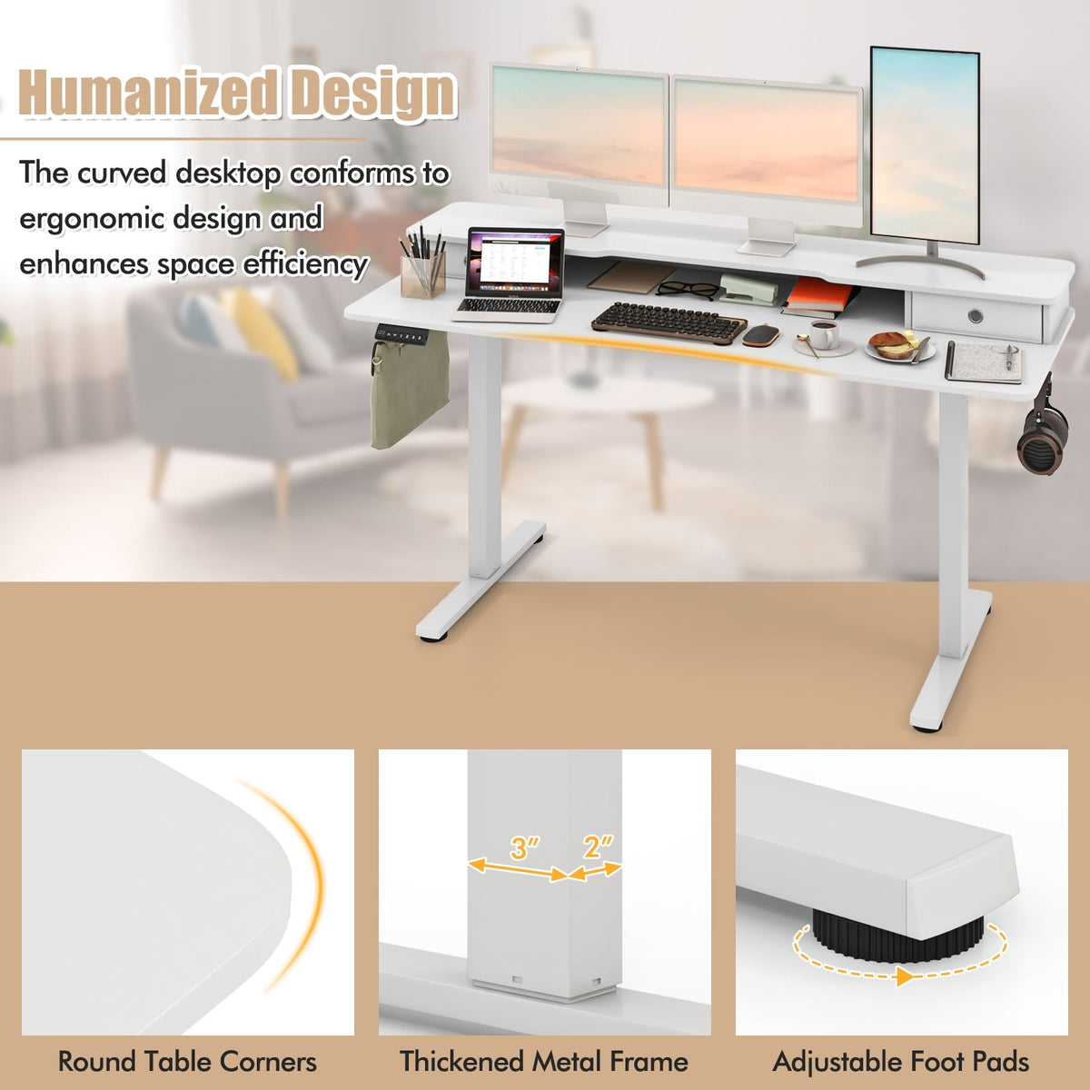 63 Inch x 24 Inch Electric Standing Desk with 2 Drawers-White-Standing Desks-DECOROLALA