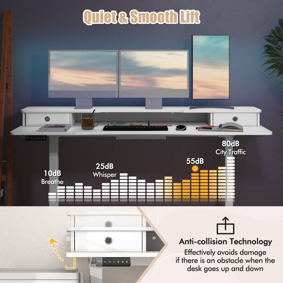 63 Inch x 24 Inch Electric Standing Desk with 2 Drawers-White-Standing Desks-DECOROLALA