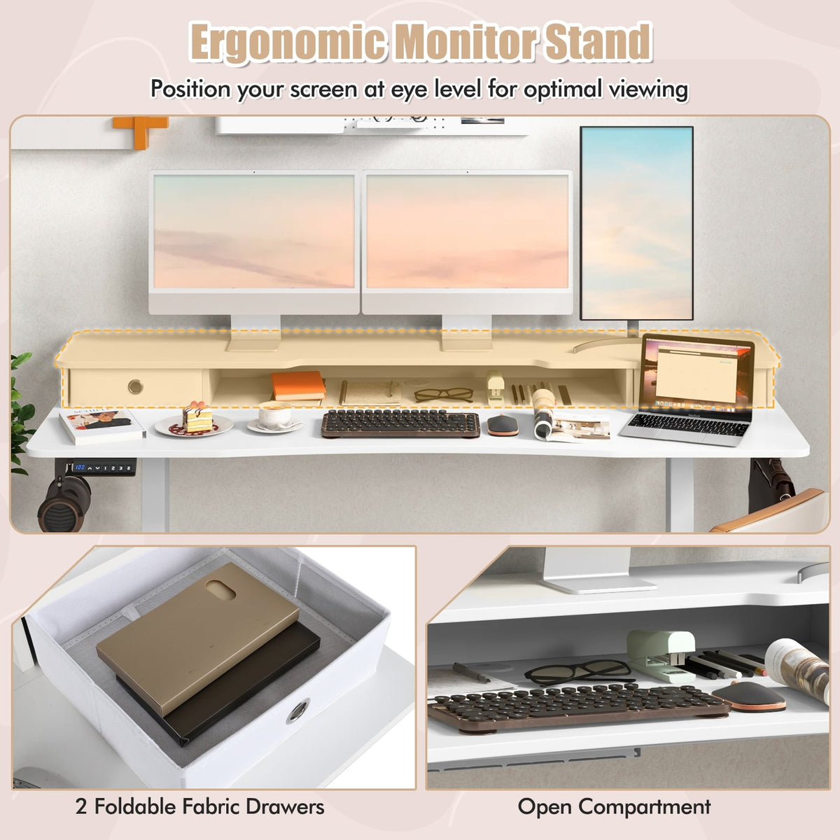 63 Inch x 24 Inch Electric Standing Desk with 2 Drawers-White-Standing Desks-DECOROLALA