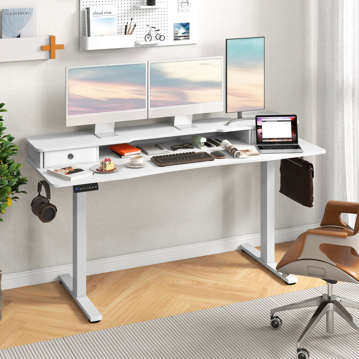 63 Inch x 24 Inch Electric Standing Desk with 2 Drawers-White-Standing Desks-DECOROLALA