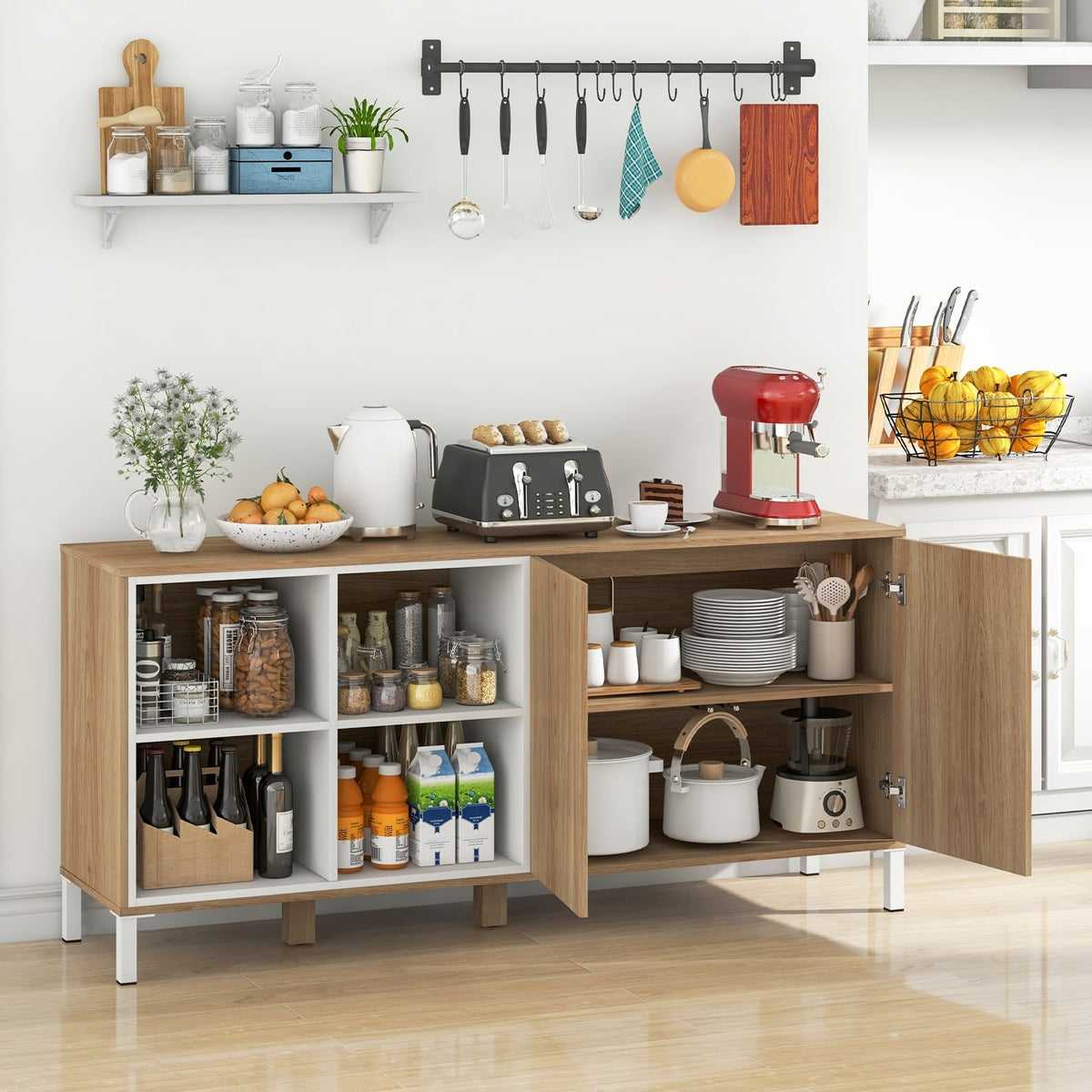 63 Inches Buffet Sideboard with 4 Compartments and Push-to-Open Cabinet-Natural-Sideboards & Buffets-DECOROLALA