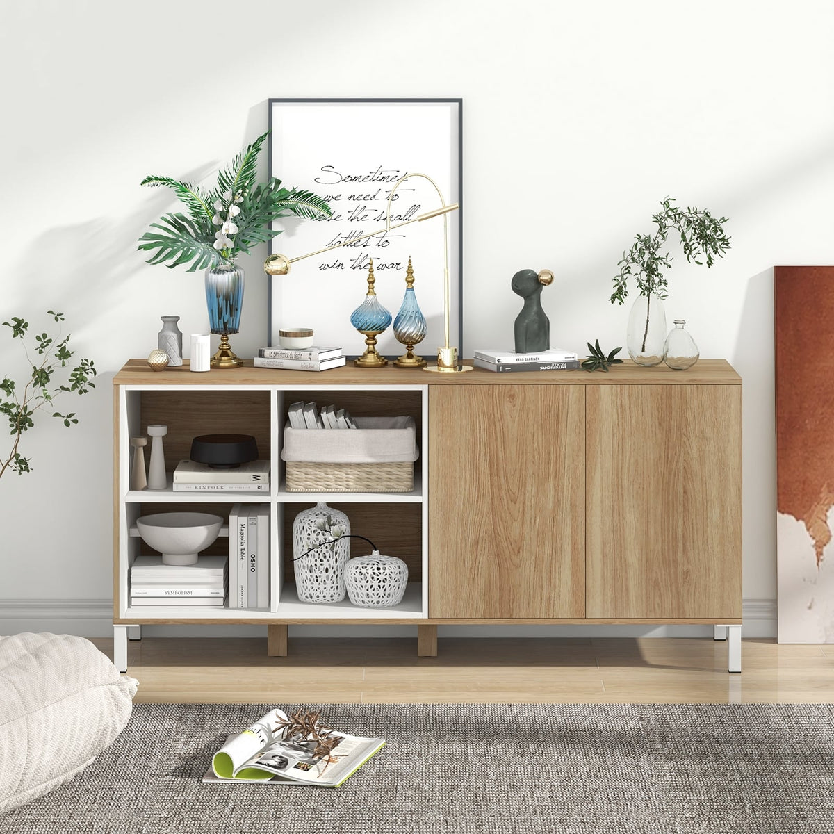 63 Inches Buffet Sideboard with 4 Compartments and Push-to-Open Cabinet-Natural-Sideboards & Buffets-DECOROLALA