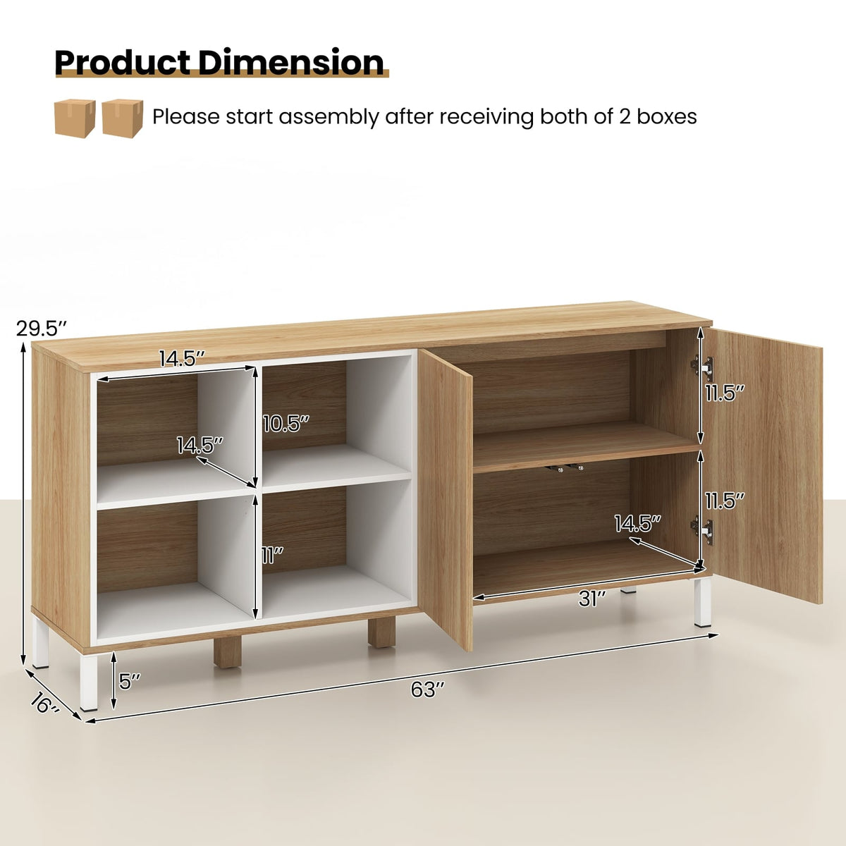 63 Inches Buffet Sideboard with 4 Compartments and Push-to-Open Cabinet-Natural-Sideboards & Buffets-DECOROLALA