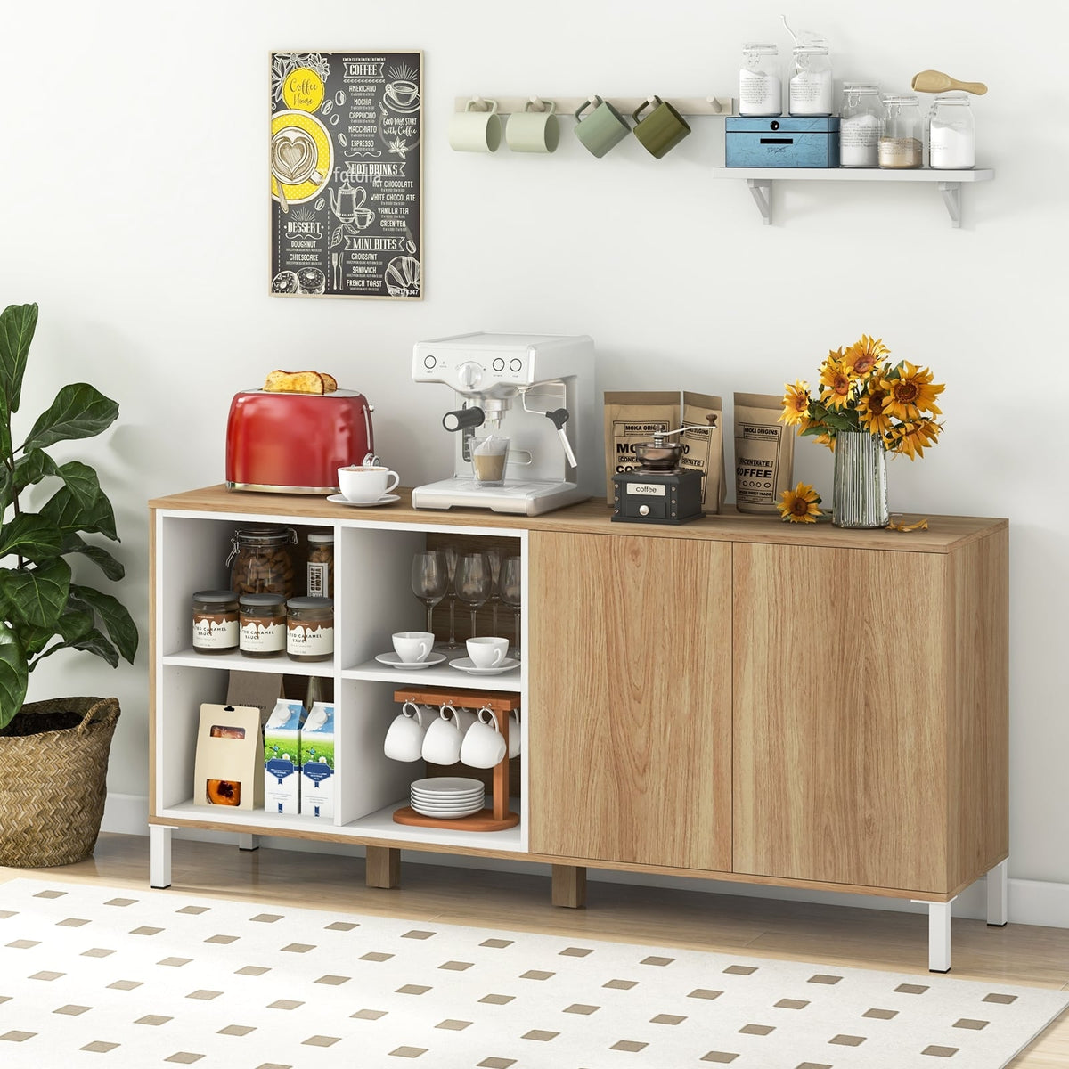 63 Inches Buffet Sideboard with 4 Compartments and Push-to-Open Cabinet-Natural-Sideboards & Buffets-DECOROLALA