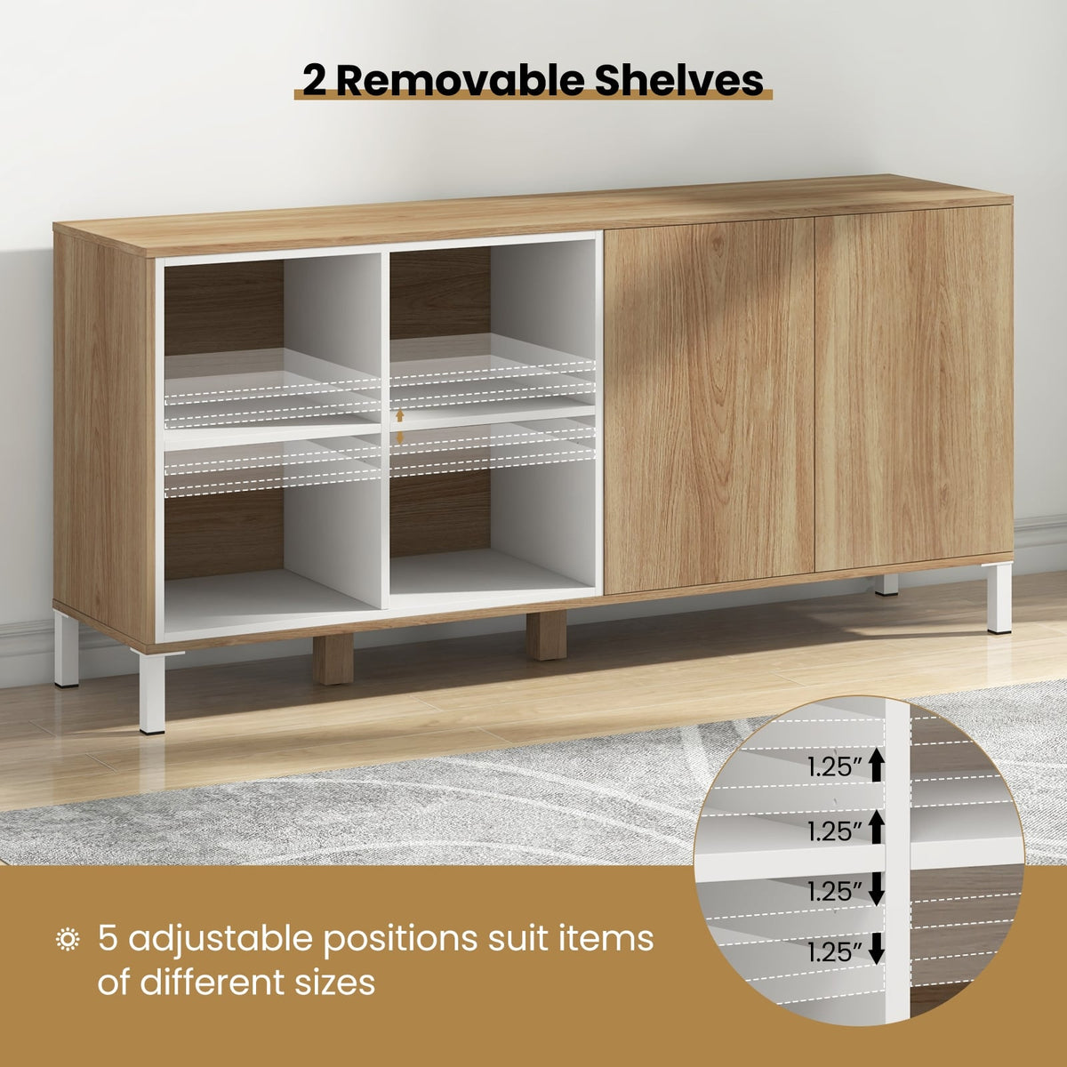 63 Inches Buffet Sideboard with 4 Compartments and Push-to-Open Cabinet-Natural-Sideboards & Buffets-DECOROLALA