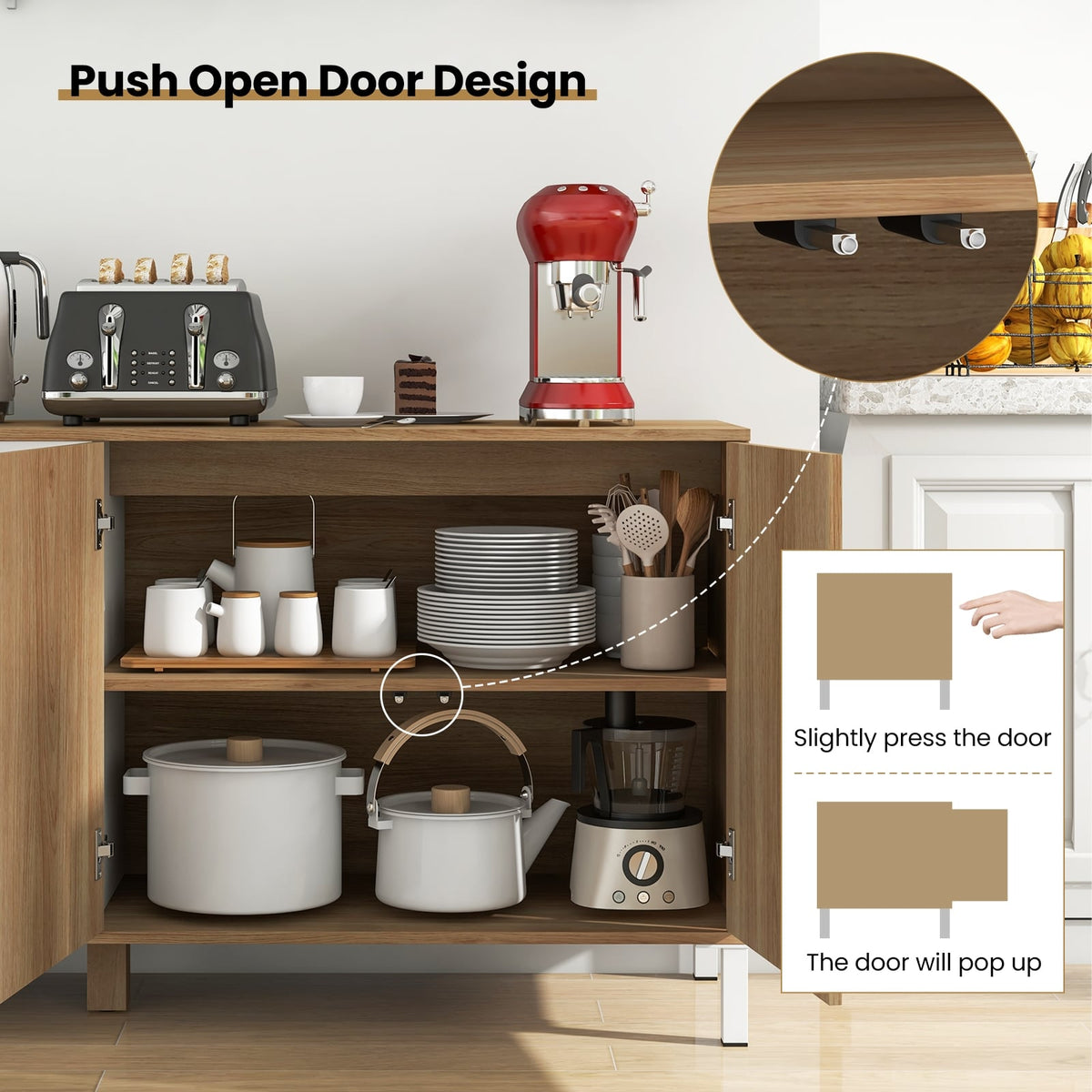 63 Inches Buffet Sideboard with 4 Compartments and Push-to-Open Cabinet-Natural-Sideboards & Buffets-DECOROLALA