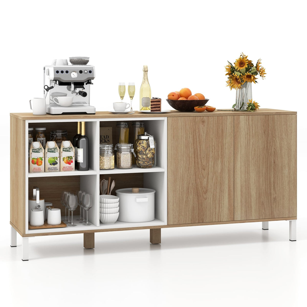 63 Inches Buffet Sideboard with 4 Compartments and Push-to-Open Cabinet-Natural-Sideboards & Buffets-DECOROLALA