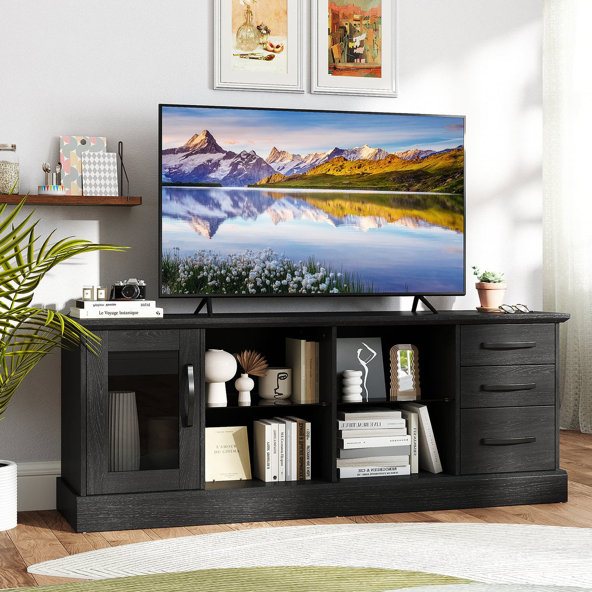 63 Inches Media Console Table with 3 Drawers and 2 Glass Shelves-Black-Entertainment Centers & TV Stands-DECOROLALA