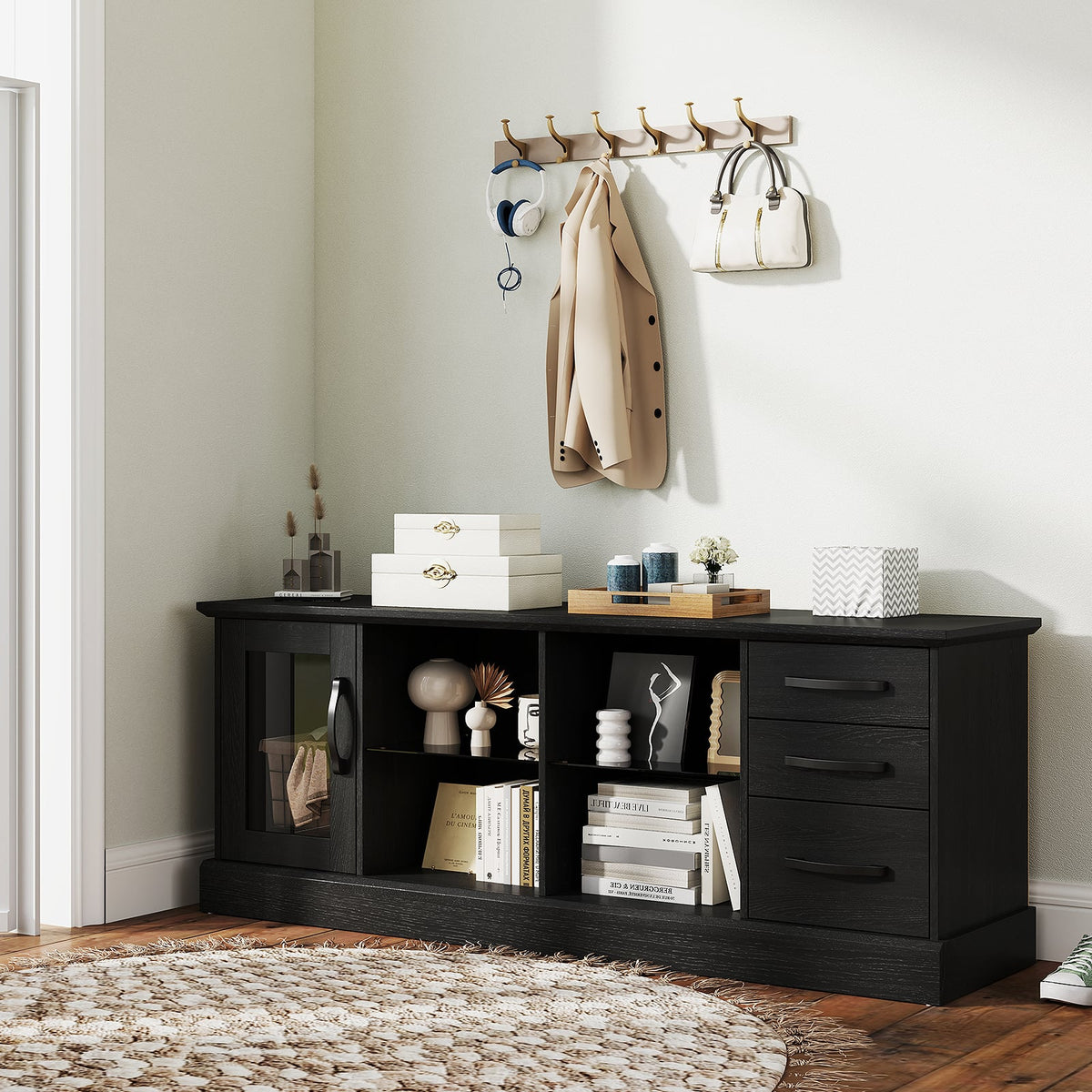 63 Inches Media Console Table with 3 Drawers and 2 Glass Shelves-Black-Entertainment Centers & TV Stands-DECOROLALA
