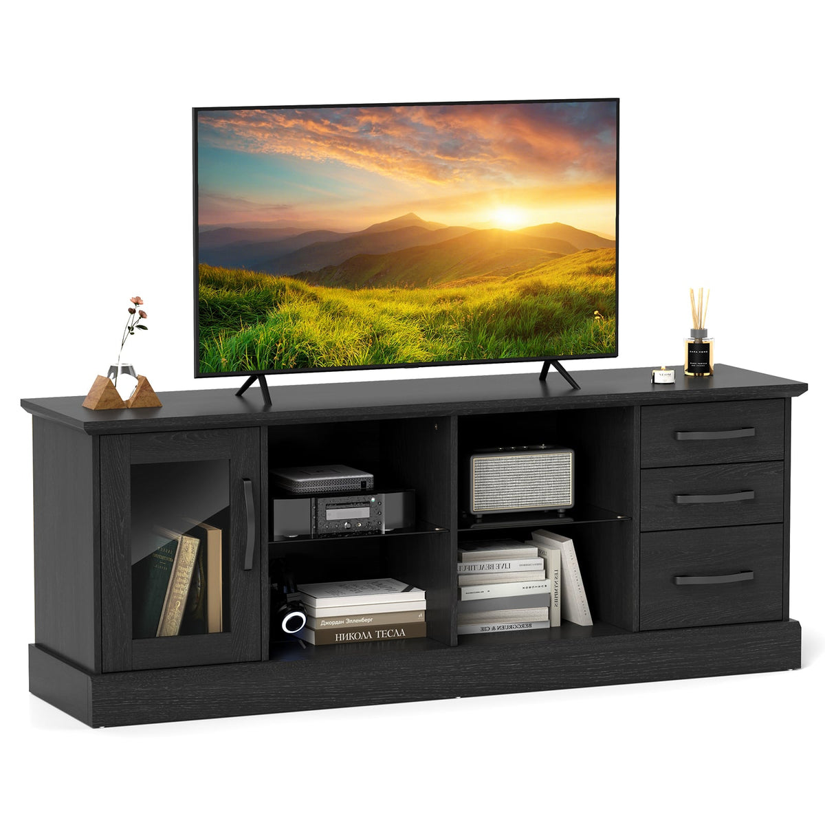 63 Inches Media Console Table with 3 Drawers and 2 Glass Shelves-Black-Entertainment Centers & TV Stands-DECOROLALA