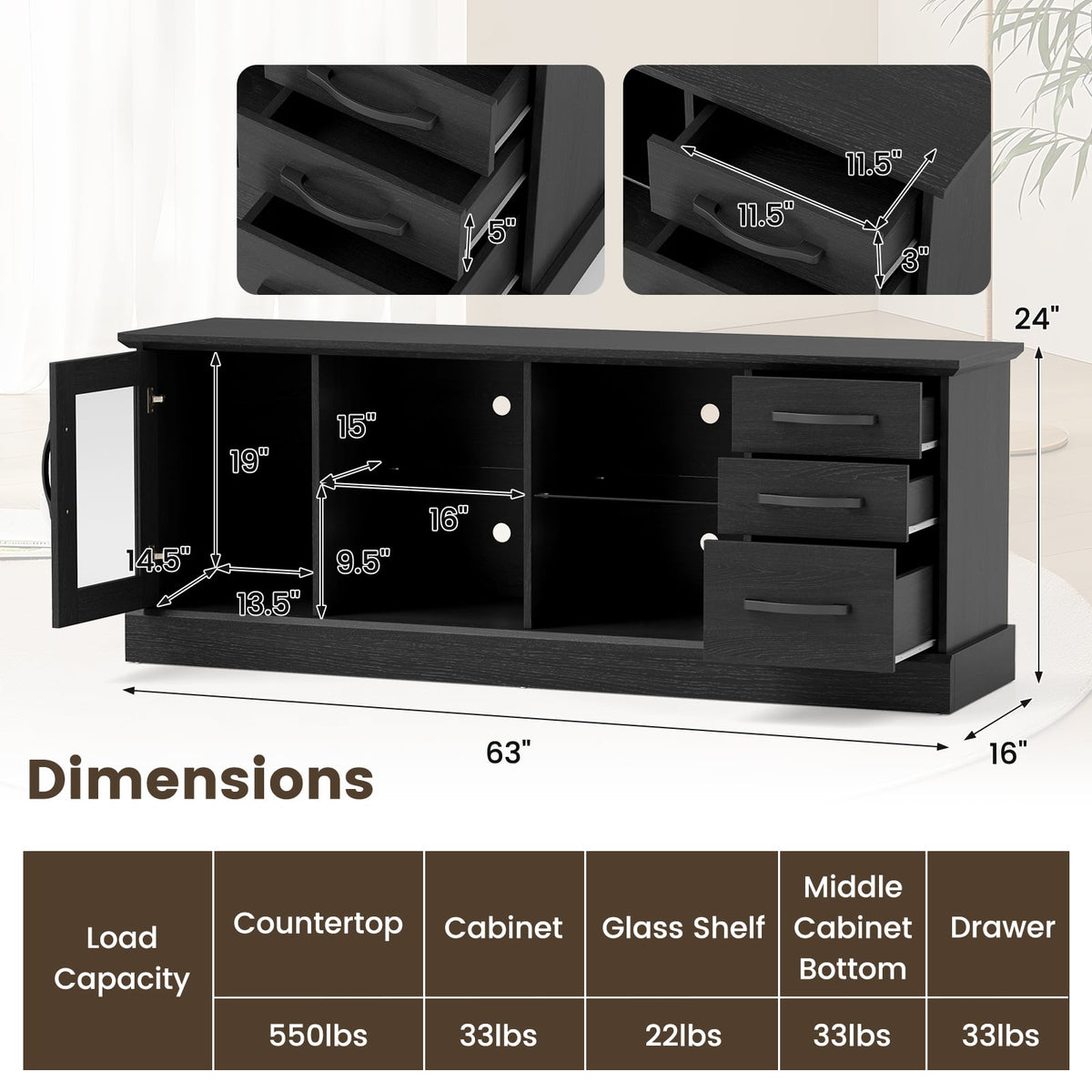 63 Inches Media Console Table with 3 Drawers and 2 Glass Shelves-Black-Entertainment Centers & TV Stands-DECOROLALA