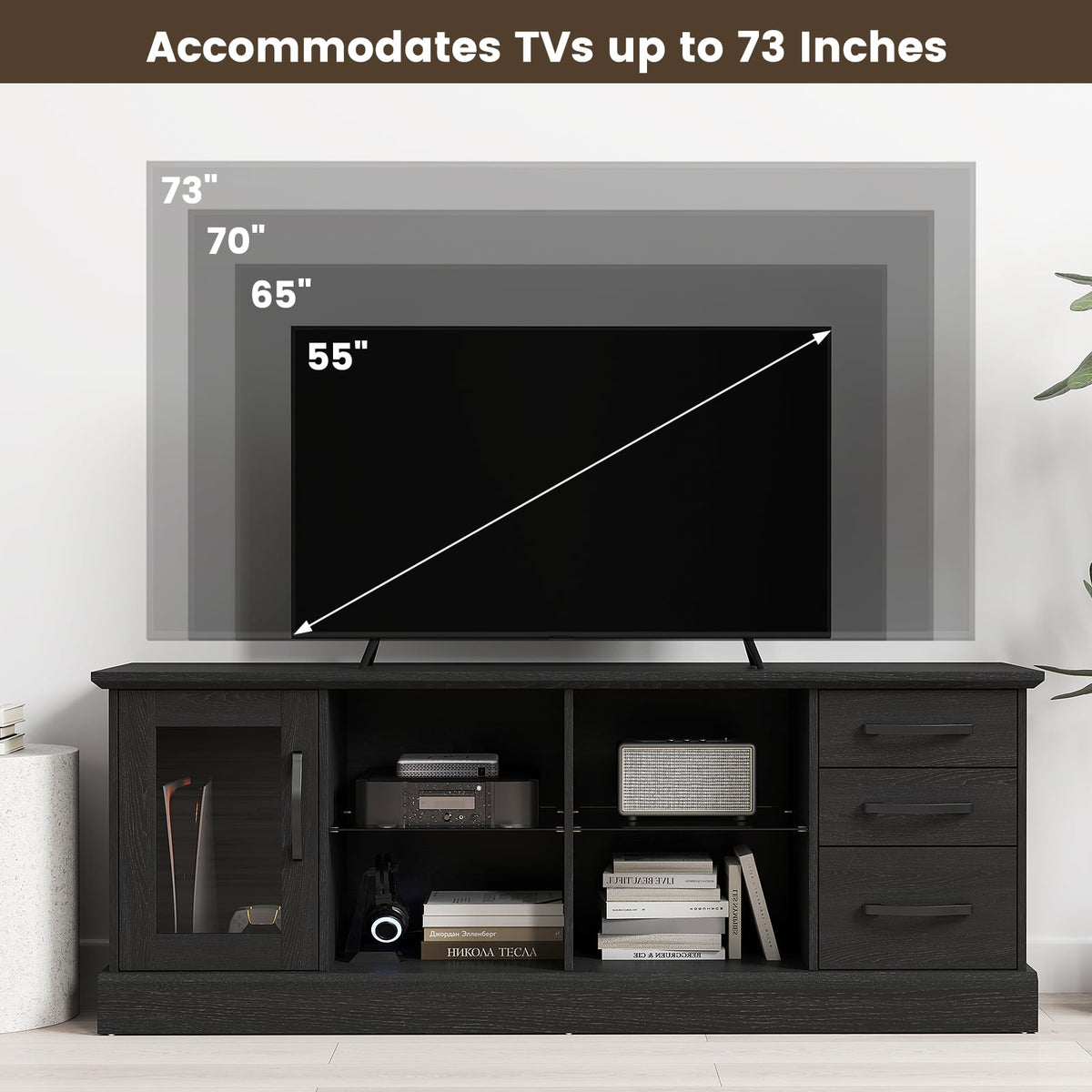 63 Inches Media Console Table with 3 Drawers and 2 Glass Shelves-Black-Entertainment Centers & TV Stands-DECOROLALA