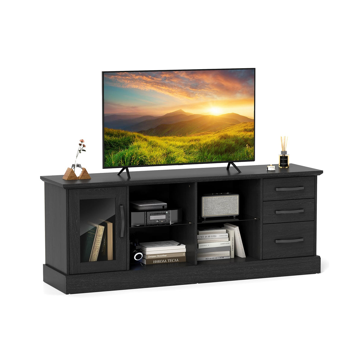 63 Inches Media Console Table with 3 Drawers and 2 Glass Shelves-Black-Entertainment Centers & TV Stands-DECOROLALA