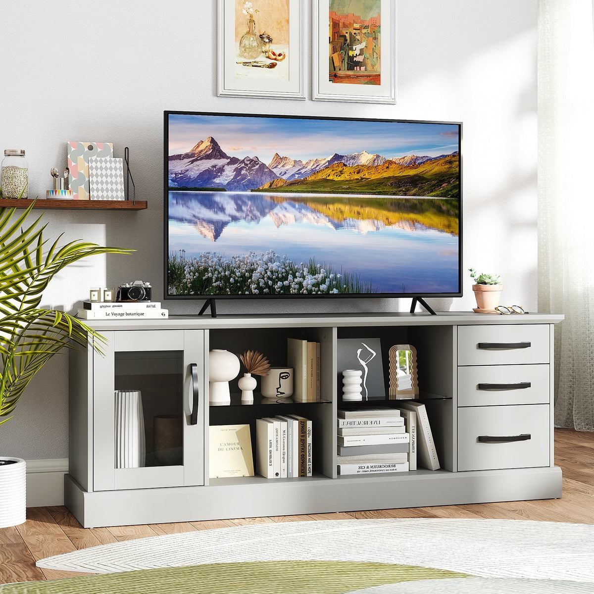 63 Inches Media Console Table with 3 Drawers and 2 Glass Shelves-Gray-Entertainment Centers & TV Stands-DECOROLALA