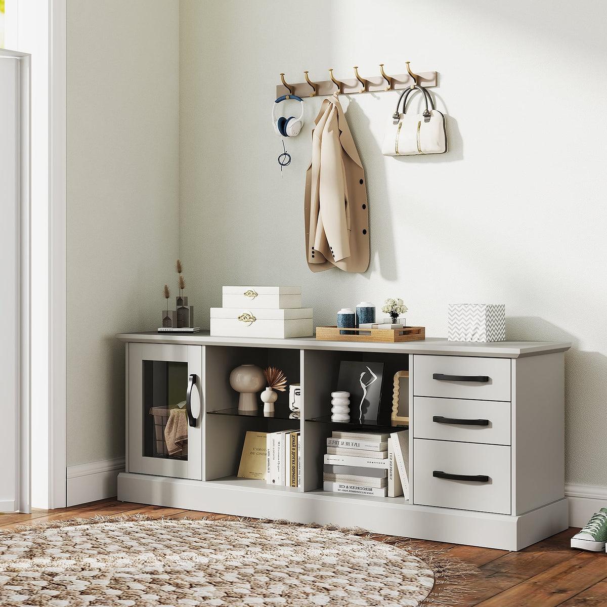 63 Inches Media Console Table with 3 Drawers and 2 Glass Shelves-Gray-Entertainment Centers & TV Stands-DECOROLALA