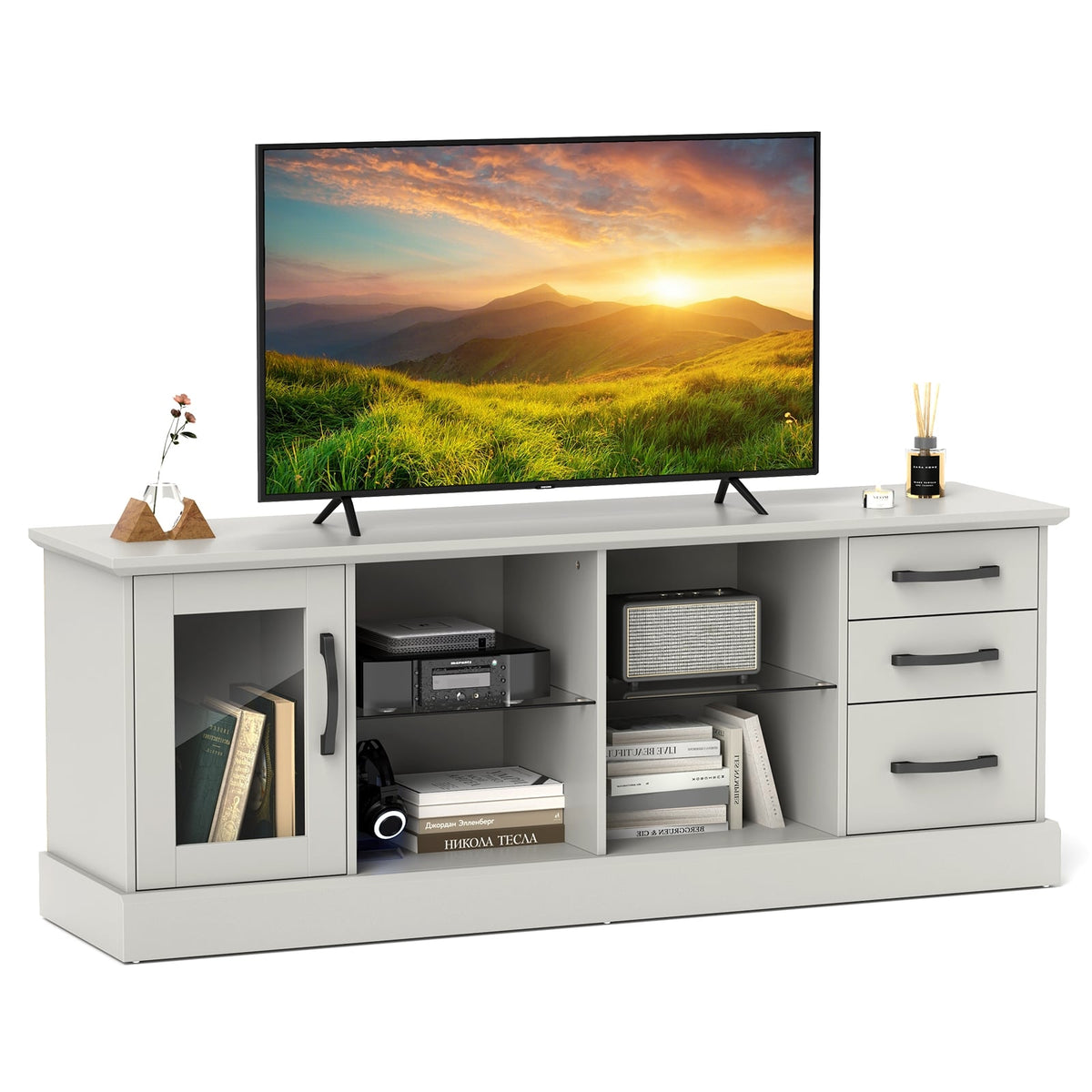 63 Inches Media Console Table with 3 Drawers and 2 Glass Shelves-Gray-Entertainment Centers & TV Stands-DECOROLALA