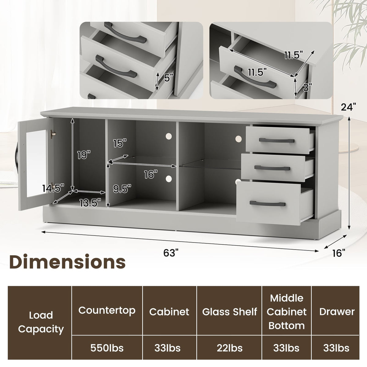 63 Inches Media Console Table with 3 Drawers and 2 Glass Shelves-Gray-Entertainment Centers & TV Stands-DECOROLALA