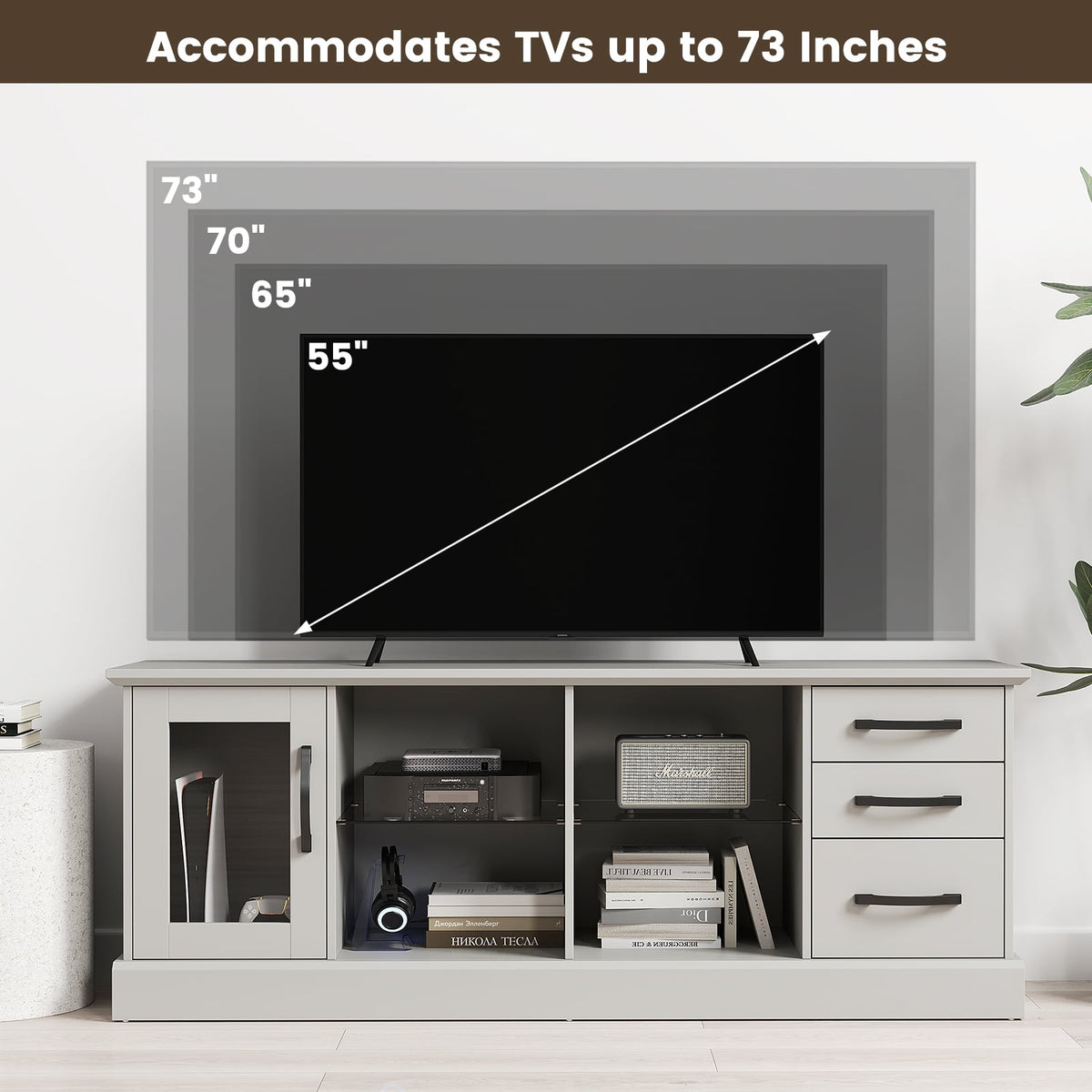 63 Inches Media Console Table with 3 Drawers and 2 Glass Shelves-Gray-Entertainment Centers & TV Stands-DECOROLALA