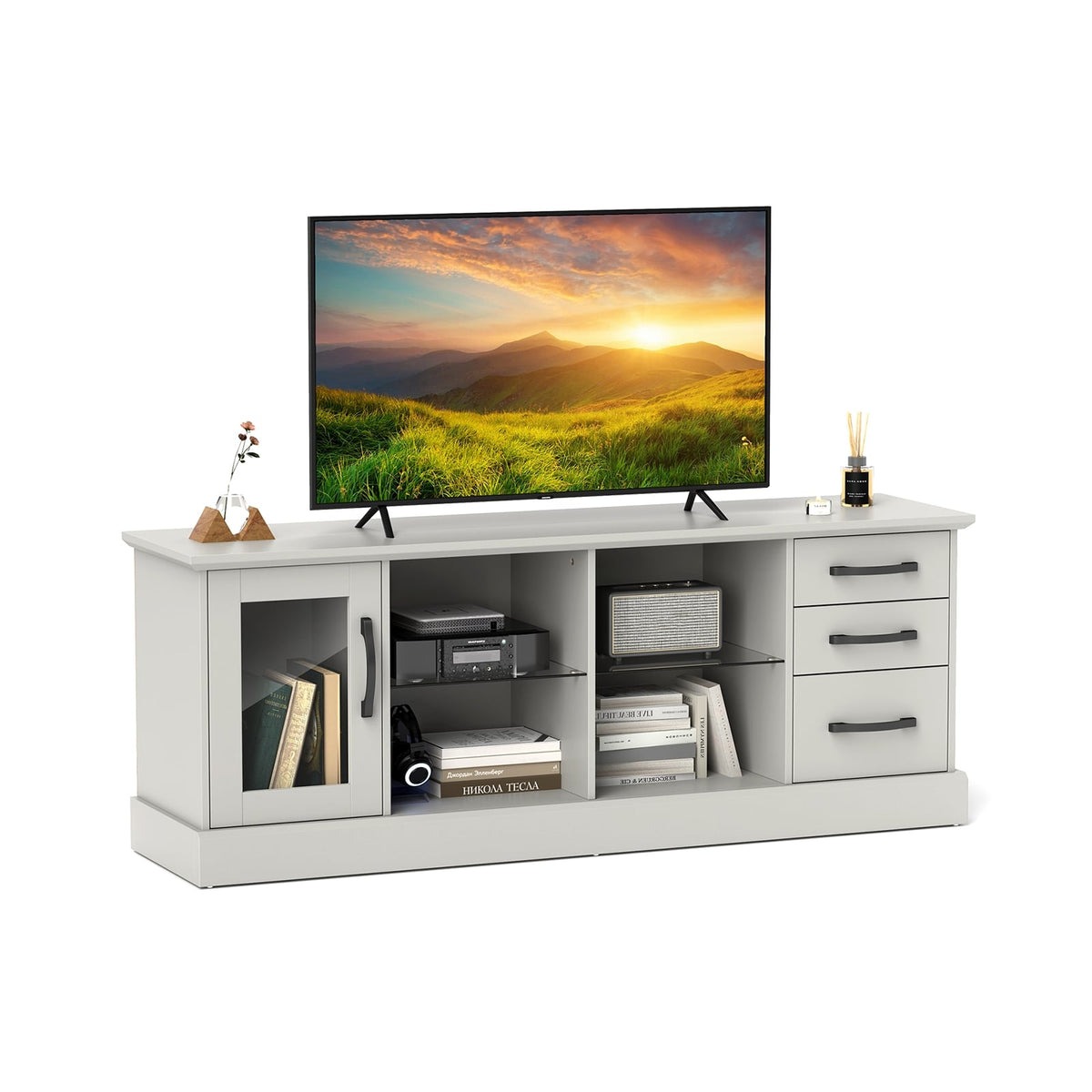 63 Inches Media Console Table with 3 Drawers and 2 Glass Shelves-Gray-Entertainment Centers & TV Stands-DECOROLALA