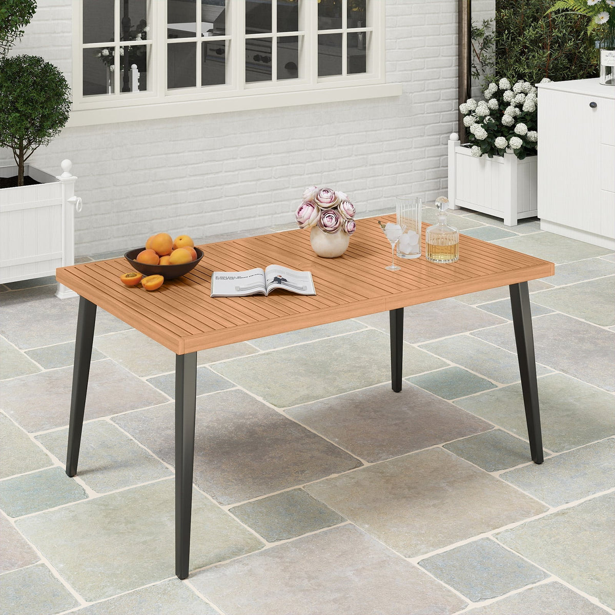 63 Inches Outdoor Indoor Dining Table with 1.97 Inches Umbrella Hole and Metal Legs-Patio Dining Tables-DECOROLALA